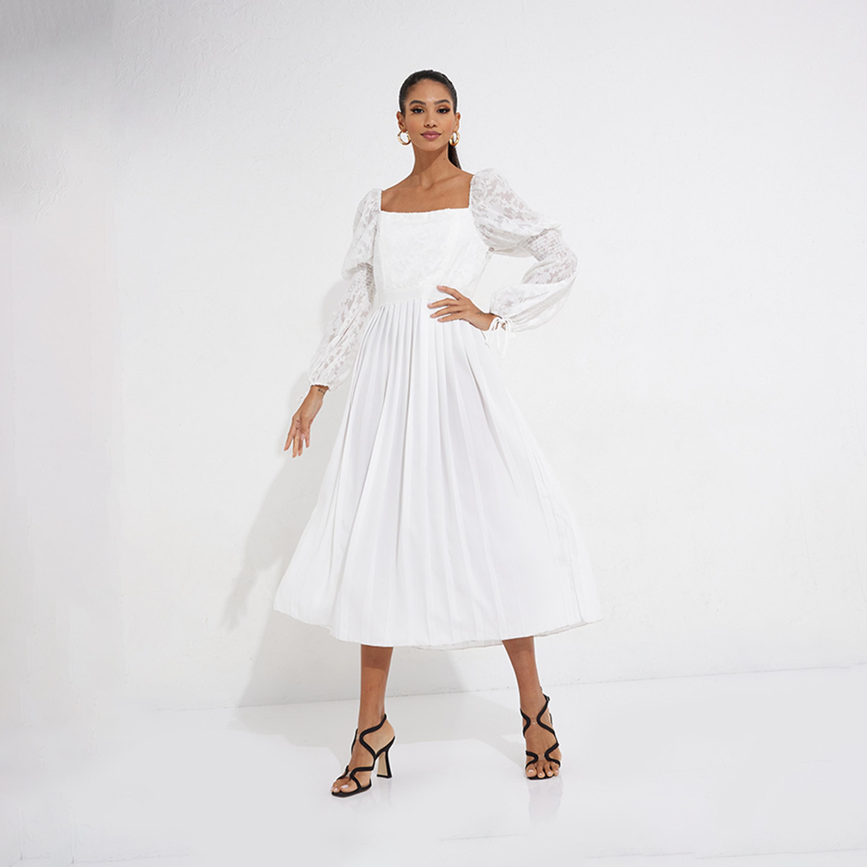 ليتل مسترس- فستان ثنيات ياقة مربعة متوسط الطول أكمام طويلة-women-clothing-dresses-image-1