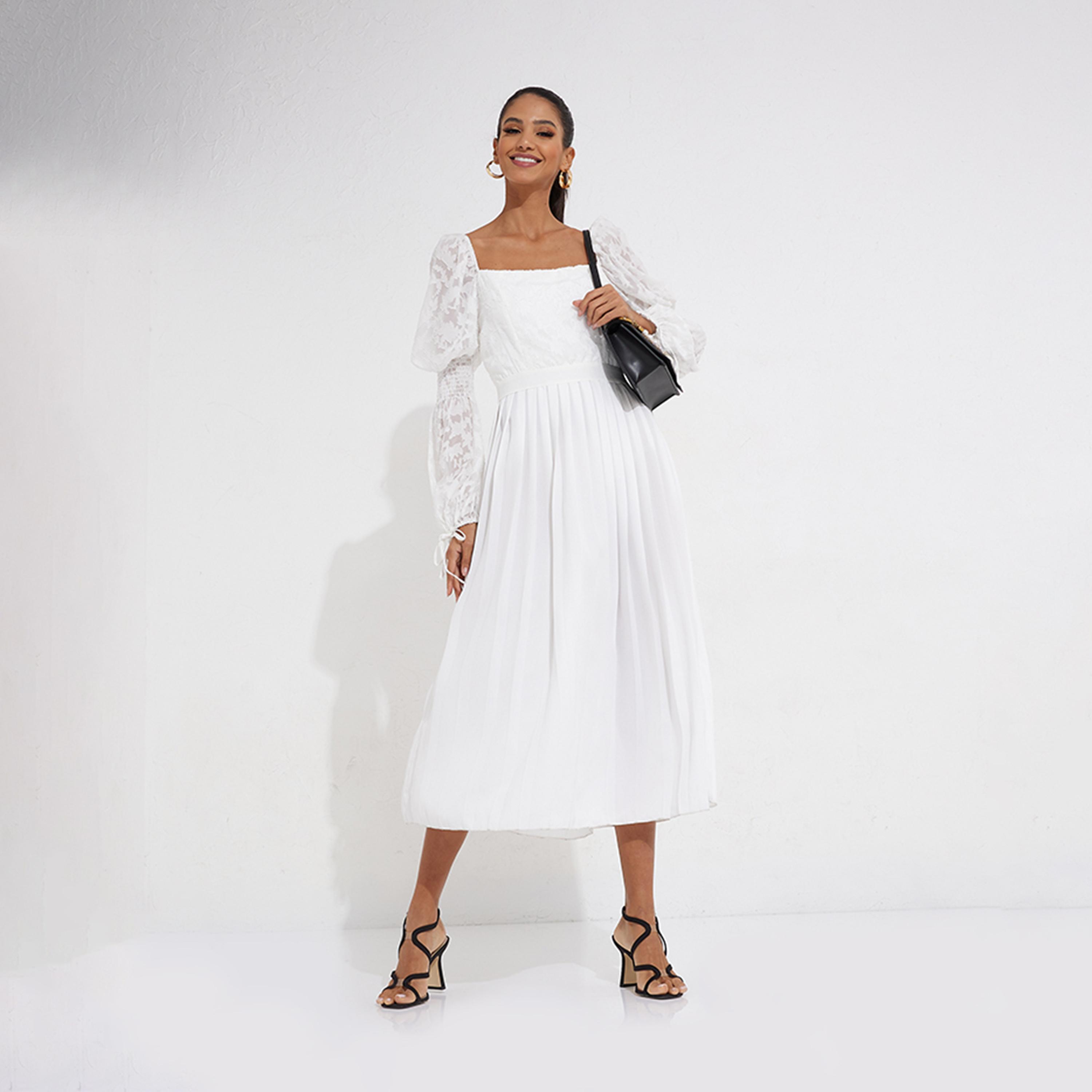 Little Mistress Square Neck Pleated Midi Dress with Long Sleeves-women-clothing-dresses-image-2