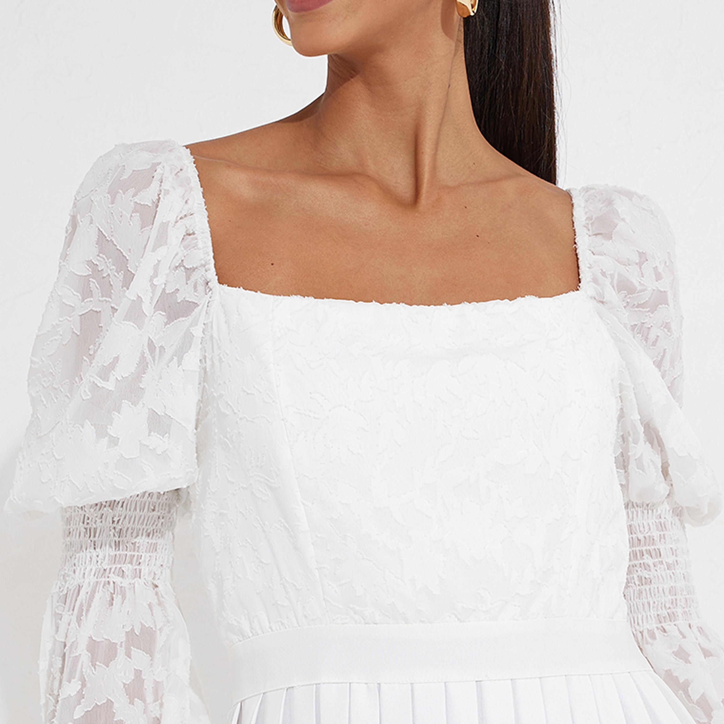 ليتل مسترس- فستان ثنيات ياقة مربعة متوسط الطول أكمام طويلة-women-clothing-dresses-image-3