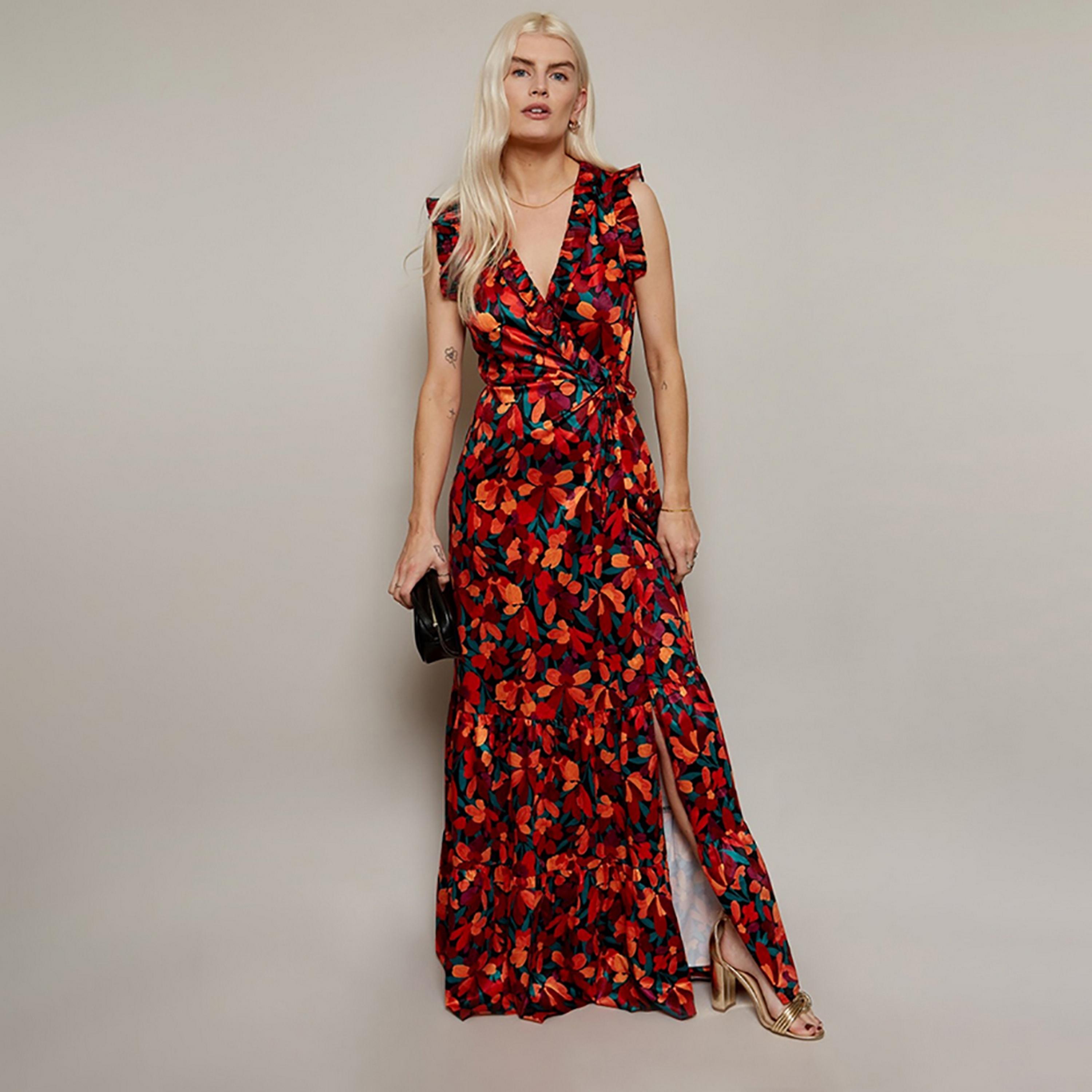 Little Mistress Multicolour Floral Plunge Neck Cap Sleeves Wrap Maxi Women's Dress-women-clothing-dresses-image-1