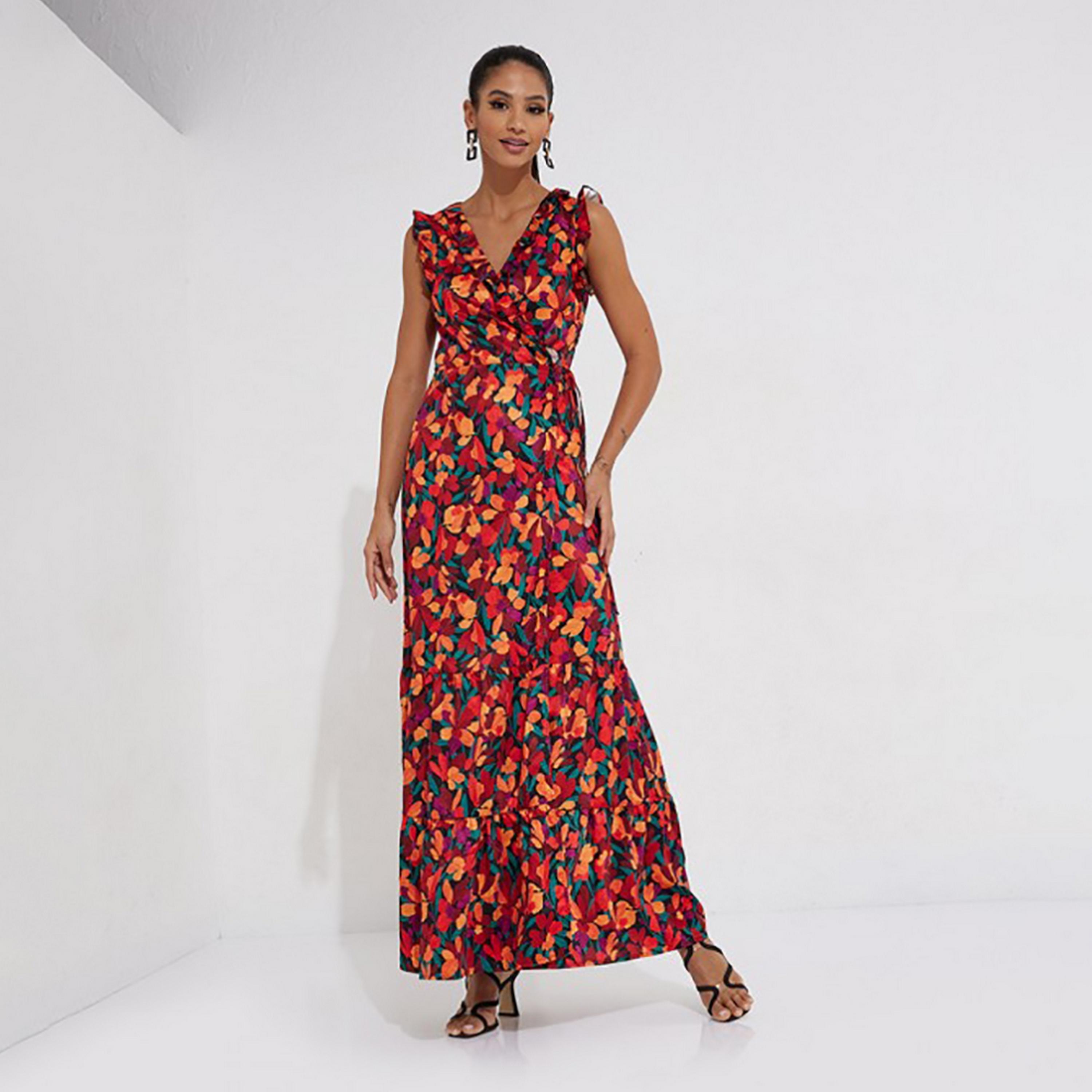 Little Mistress Multicolour Floral Plunge Neck Cap Sleeves Wrap Maxi Women's Dress-women-clothing-dresses-image-2