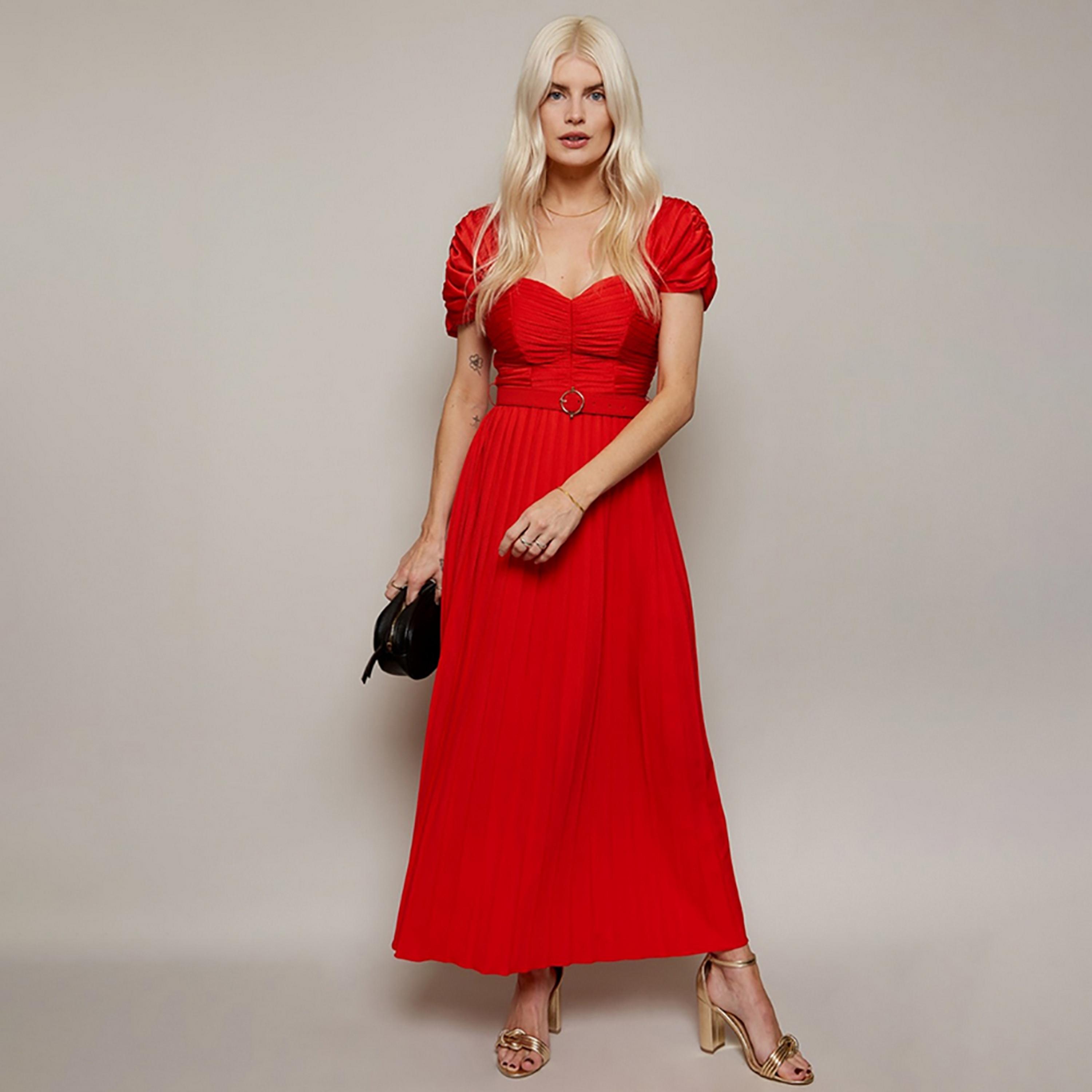 Little Mistress Red Pleated Sweetheart Neck Gathered Sleeves Fit and Flared Midi Women's Dress-women-clothing-dresses-image-2