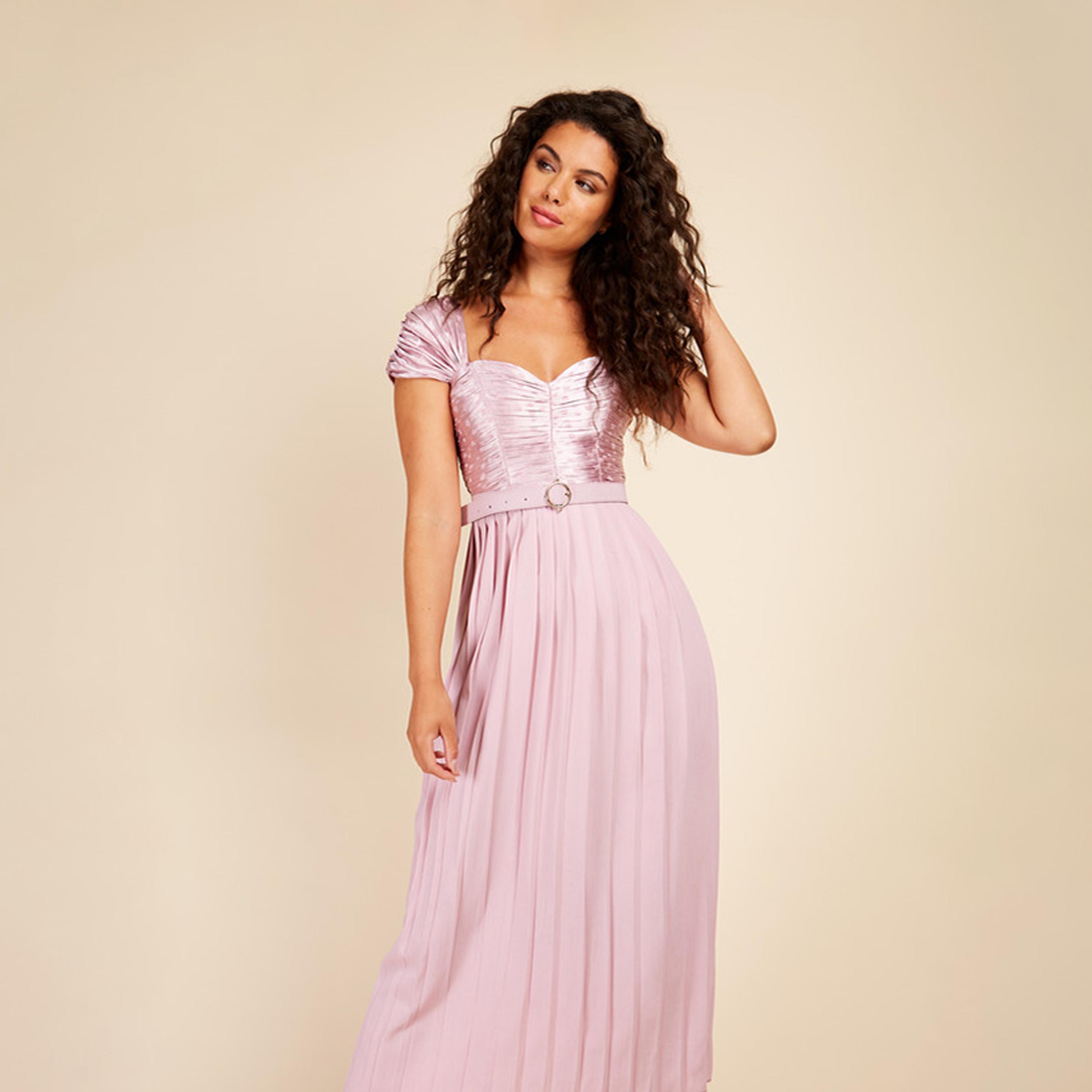 Little Mistress Satin Polka Dot Pleated Maxi Dress with Cap Sleeves-women-clothing-dresses-image-2