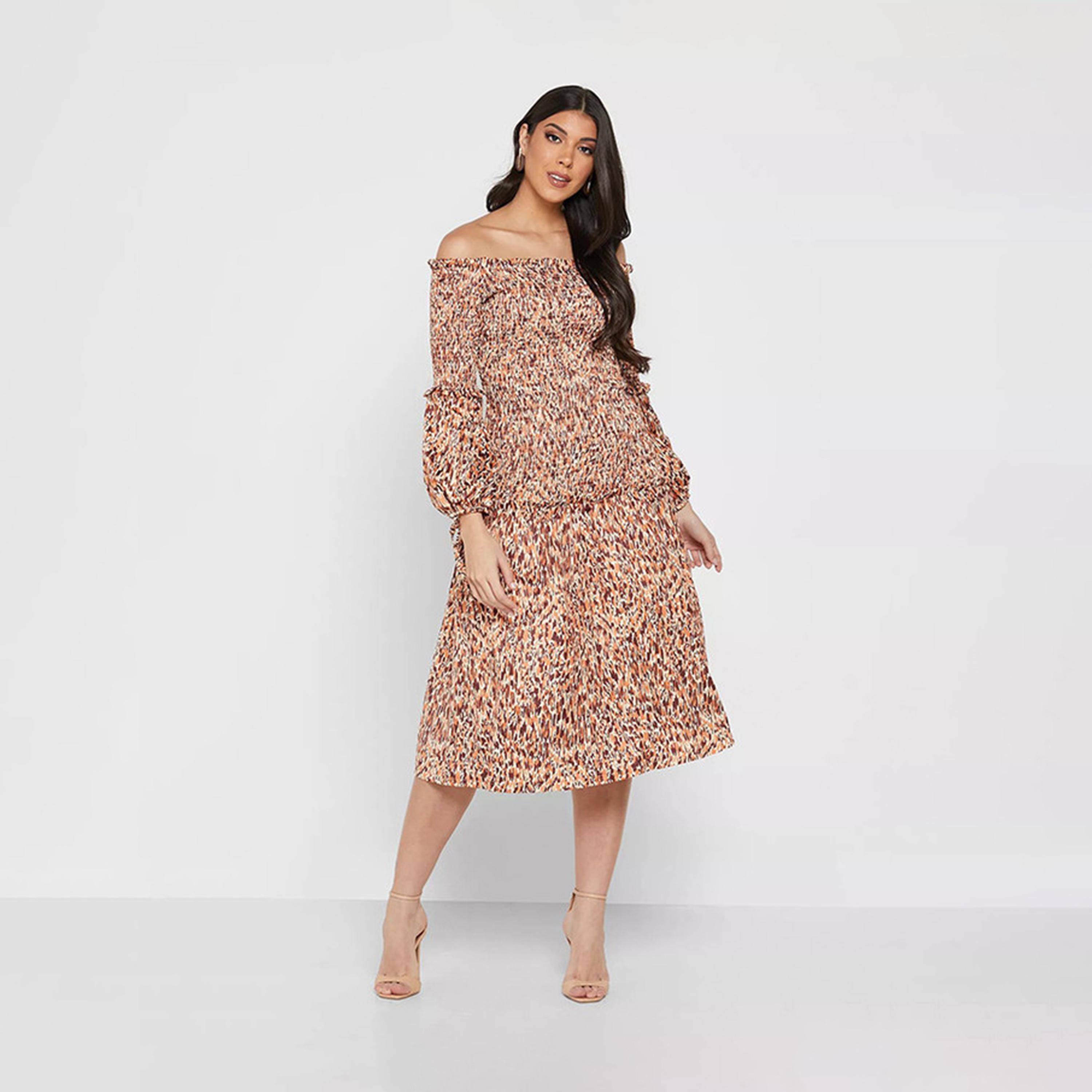 ليتل مسترس- فستان بشكل A تصميم منقوش متوسط الطول أكمام طويلة-women-clothing-dresses-image-1