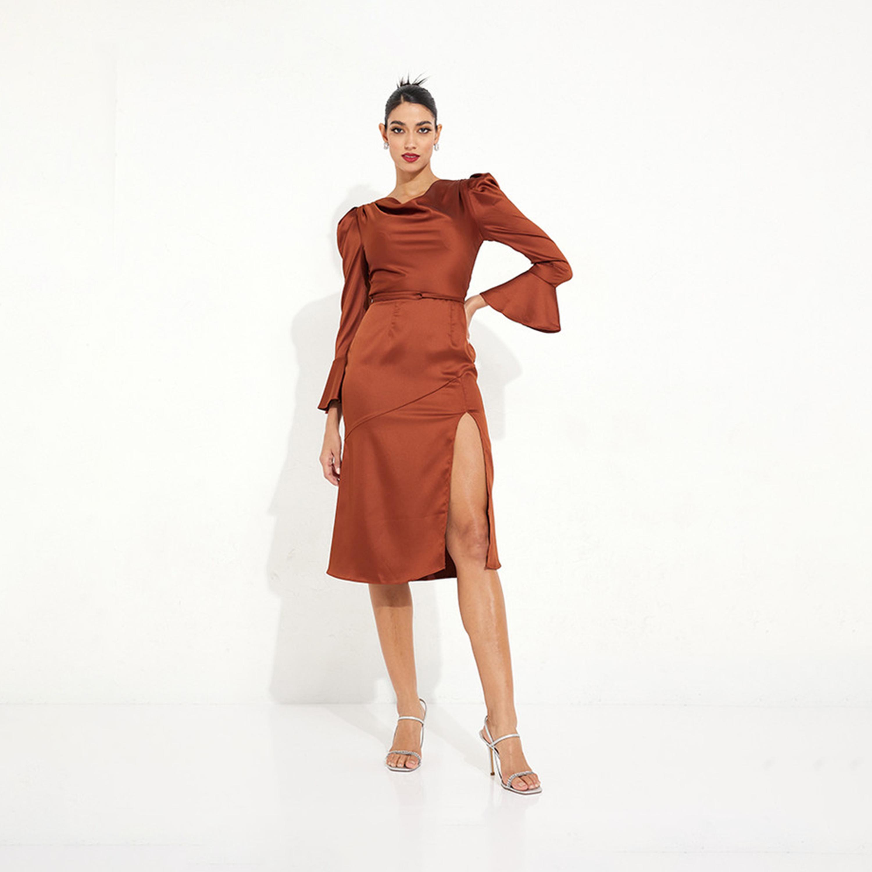 Little Mistress Satin Cowl Neck Slit Midi Dress with Long Sleeves-women-clothing-dresses-image-1