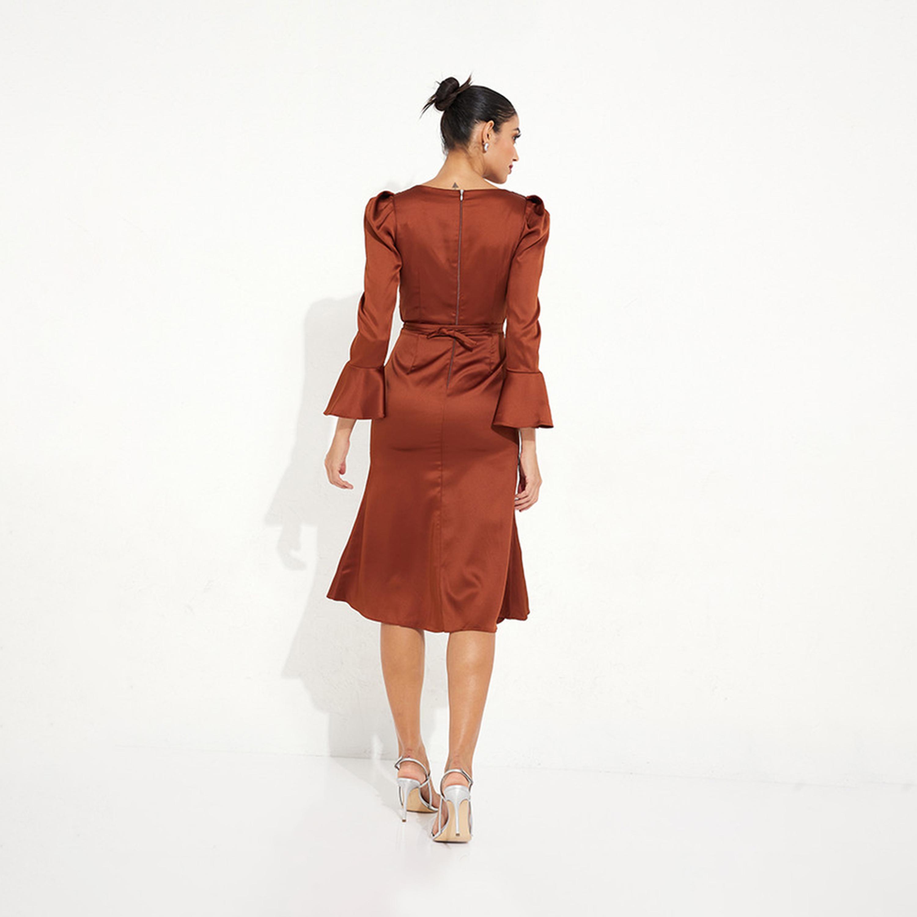 Little Mistress Satin Cowl Neck Slit Midi Dress with Long Sleeves-women-clothing-dresses-image-4