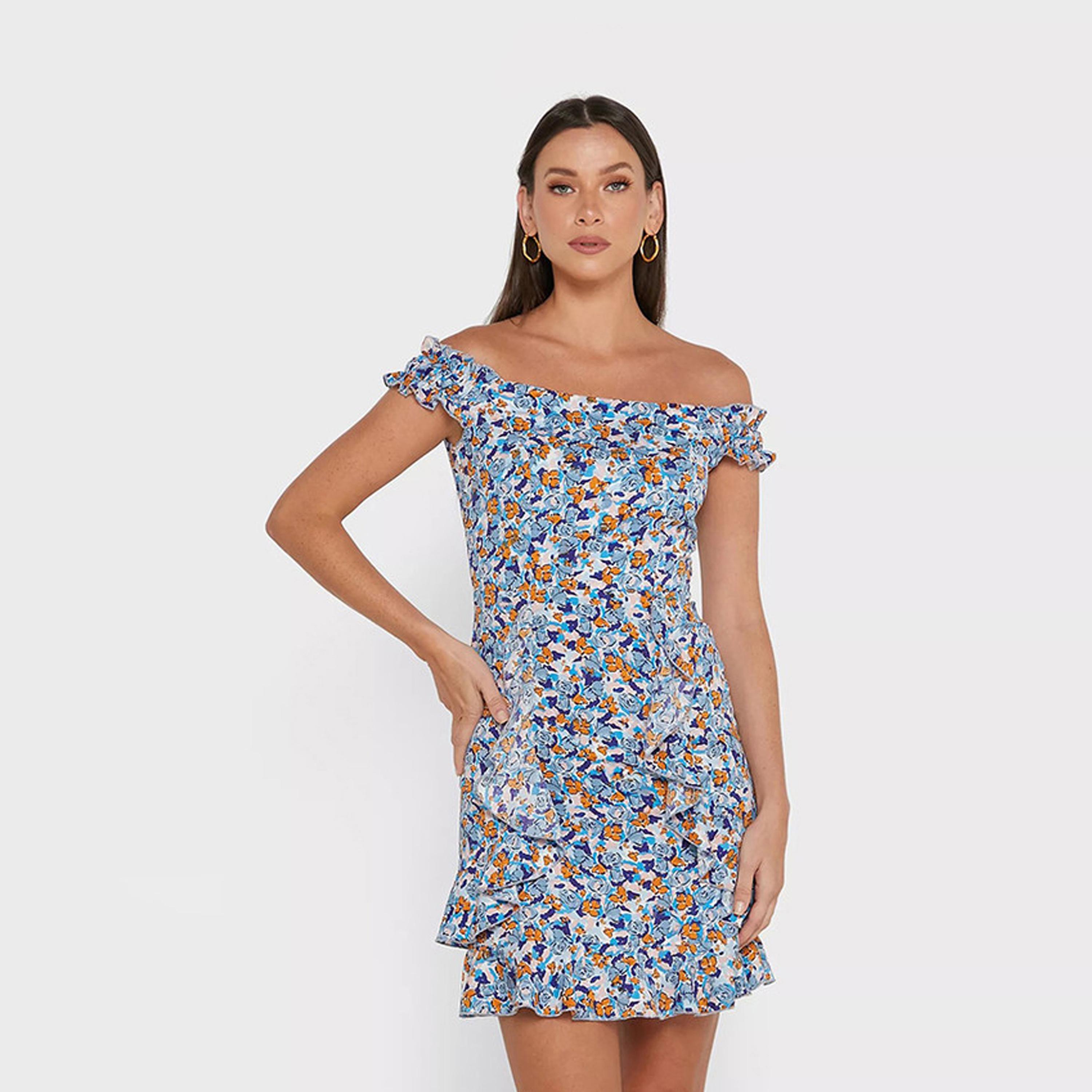 فستان قصير سكيتر مزين بالزهور باللون الازرق من ليتل ميسترس -women-clothing-dresses-image-1