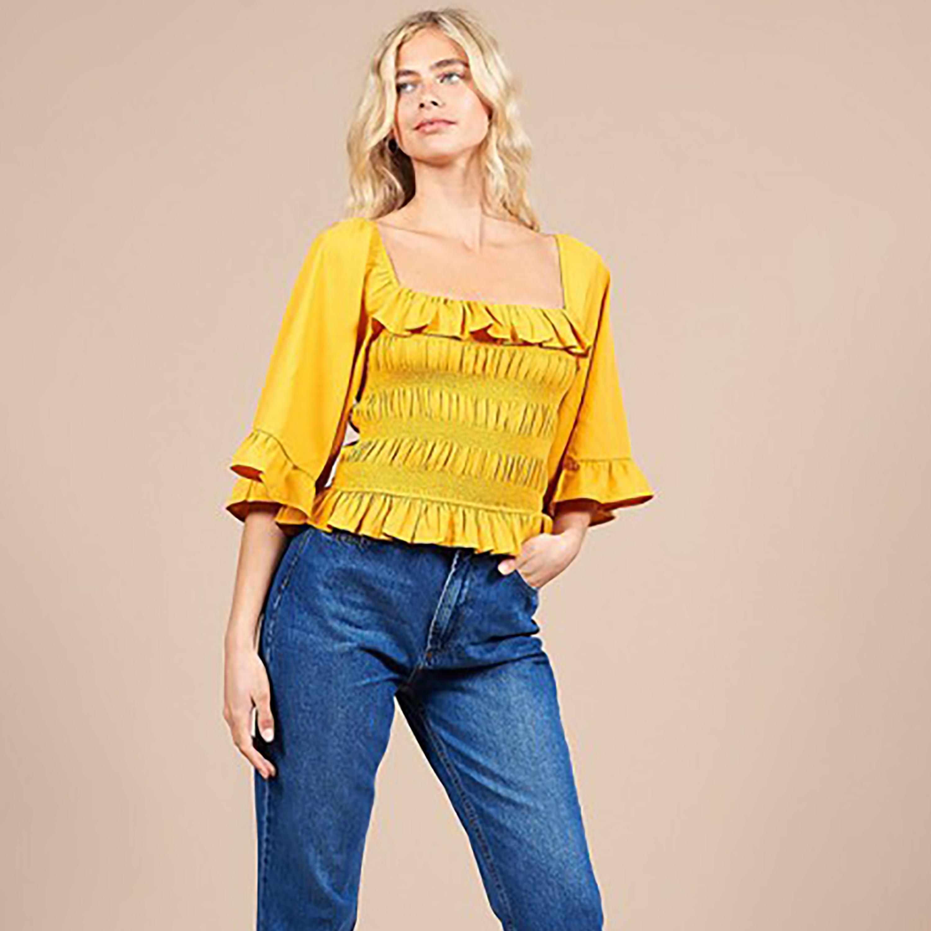Little Mistress Yellow Smocked Square Neck Three-Quarter Sleeves Women's Blouse-women-clothing-shirtsandblouses-blouses-image-1