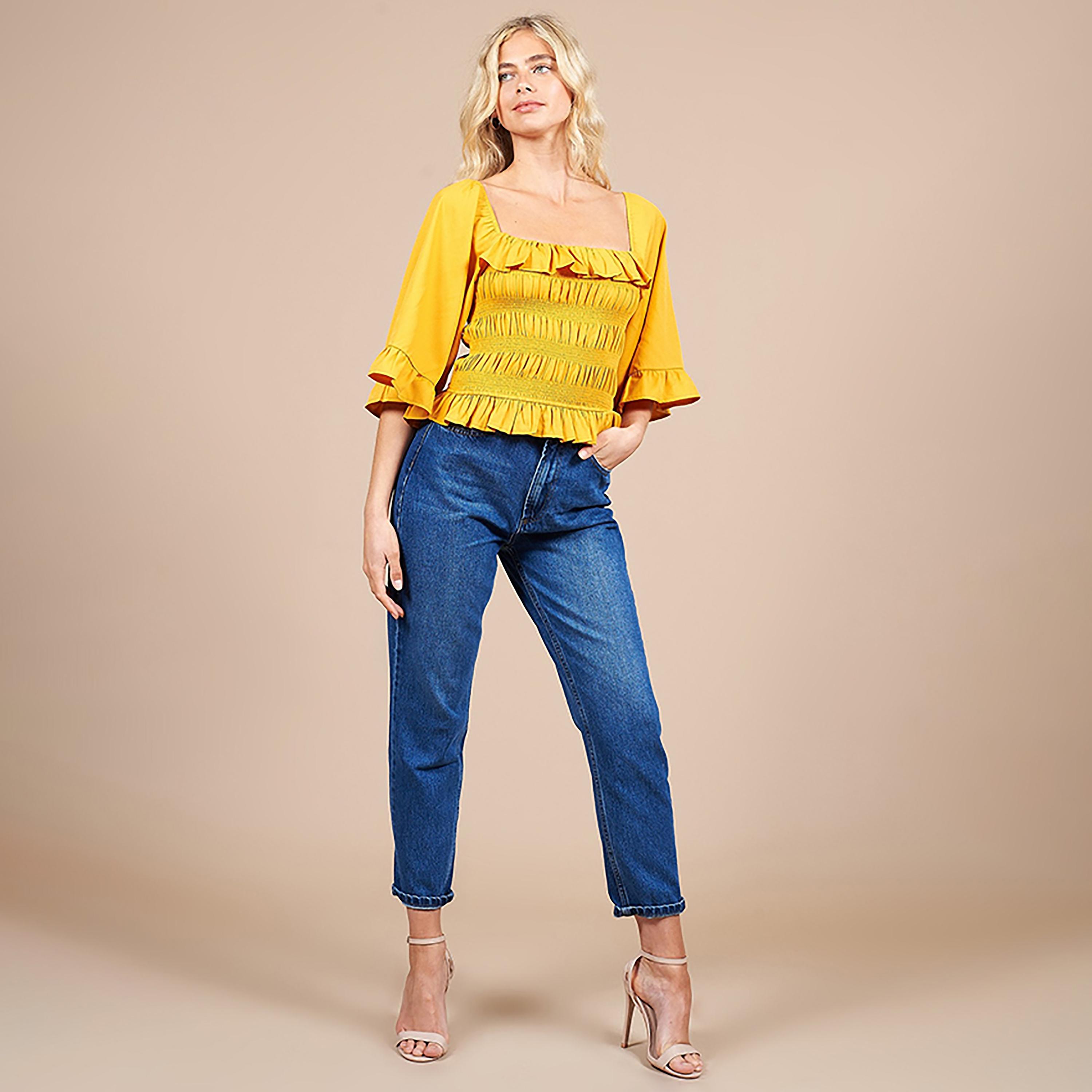 Little Mistress Yellow Smocked Square Neck Three-Quarter Sleeves Women's Blouse-women-clothing-shirtsandblouses-blouses-image-2