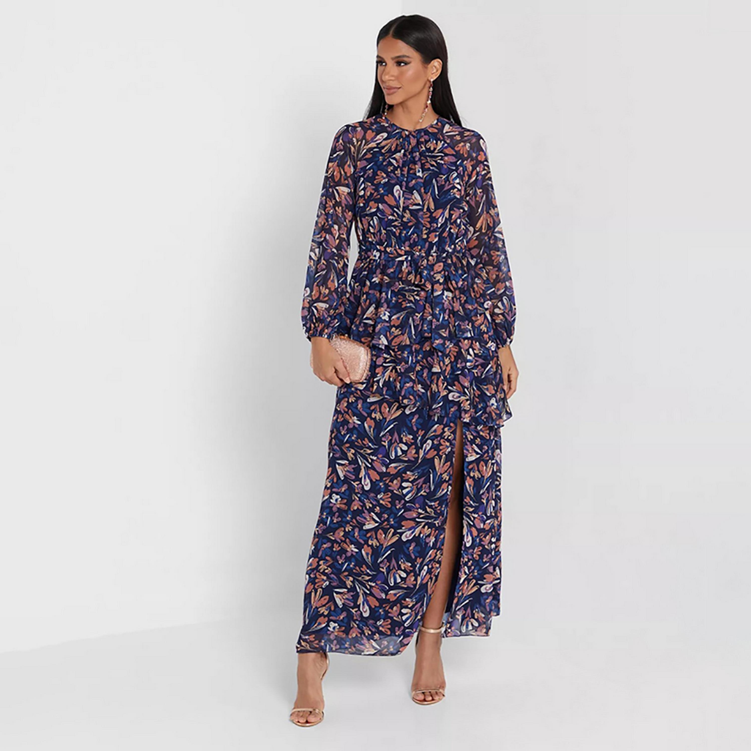 Little Mistress Multicolour Floral Mock Neck Balloon Sleeves Fit and Flared Maxi Women's Dress-women-clothing-dresses-image-1