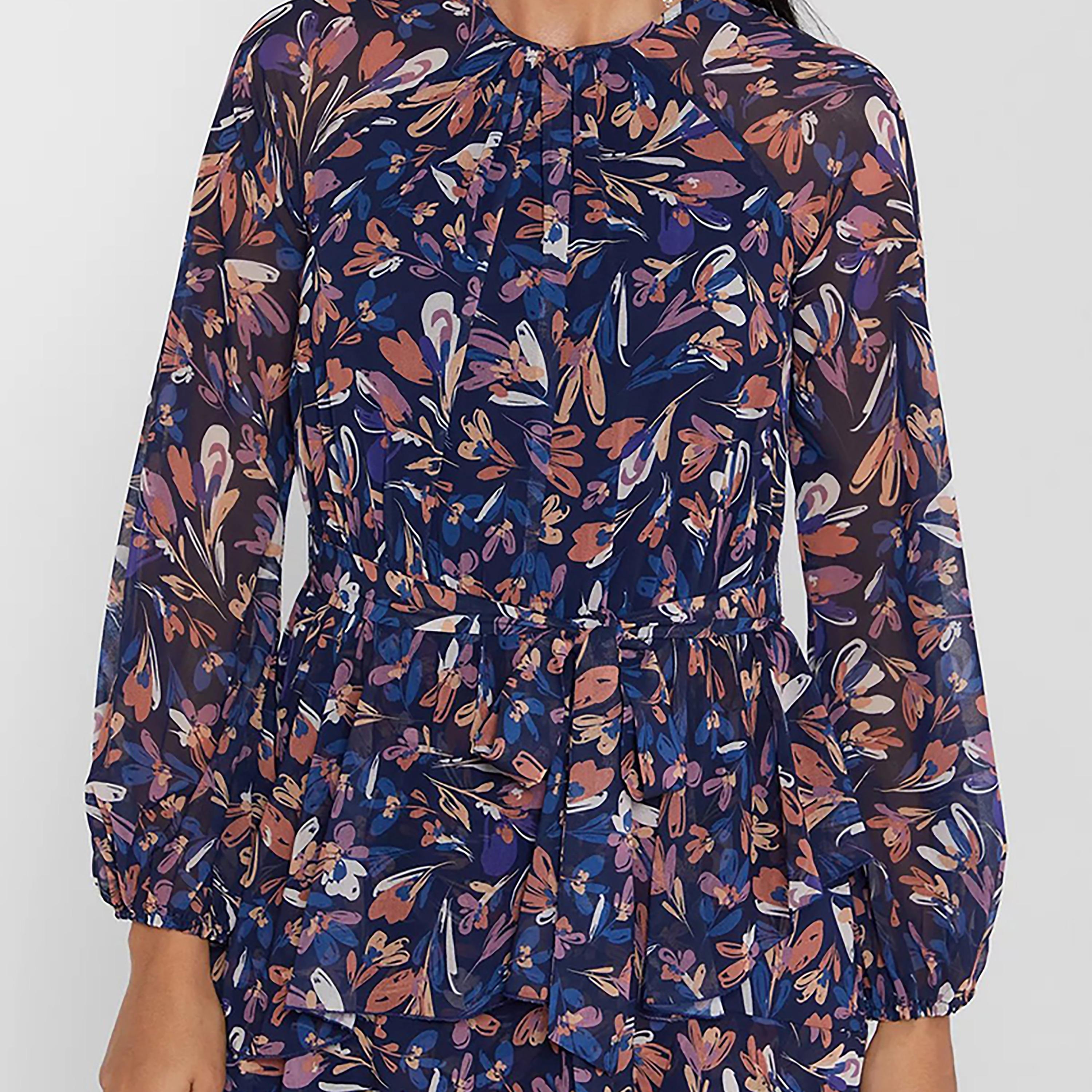 Little Mistress Multicolour Floral Mock Neck Balloon Sleeves Fit and Flared Maxi Women's Dress-women-clothing-dresses-image-2