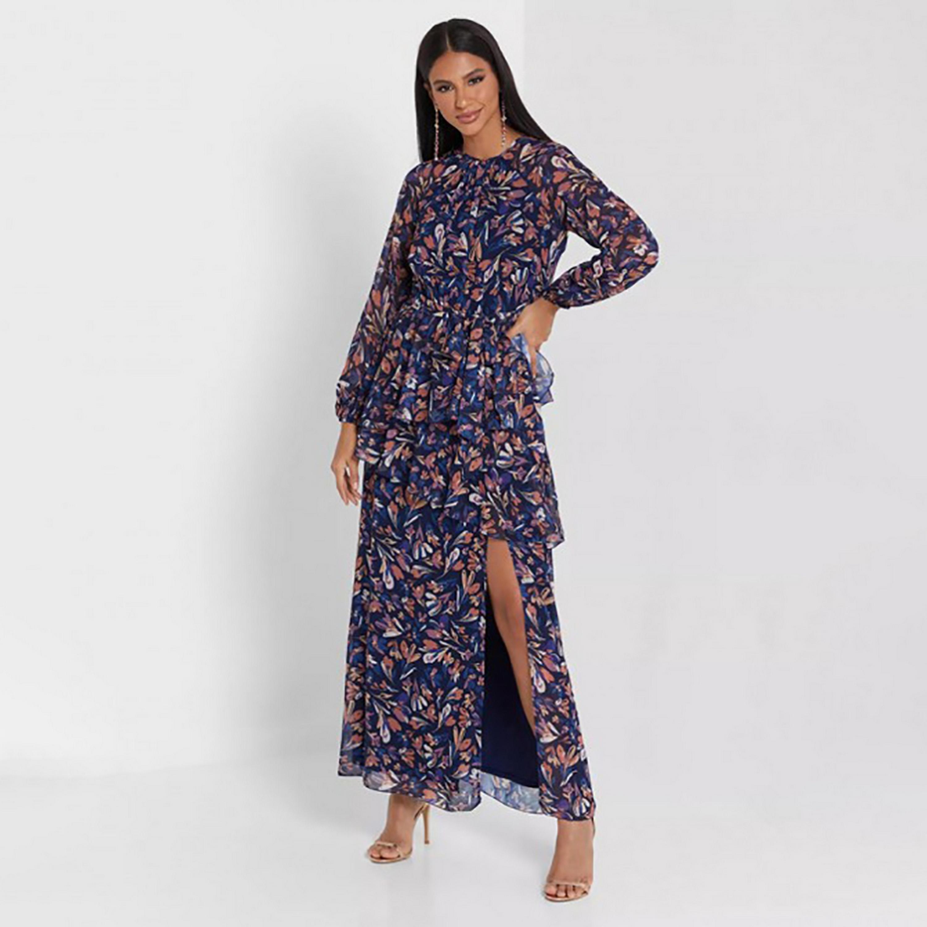 Little Mistress Multicolour Floral Mock Neck Balloon Sleeves Fit and Flared Maxi Women's Dress-women-clothing-dresses-image-3