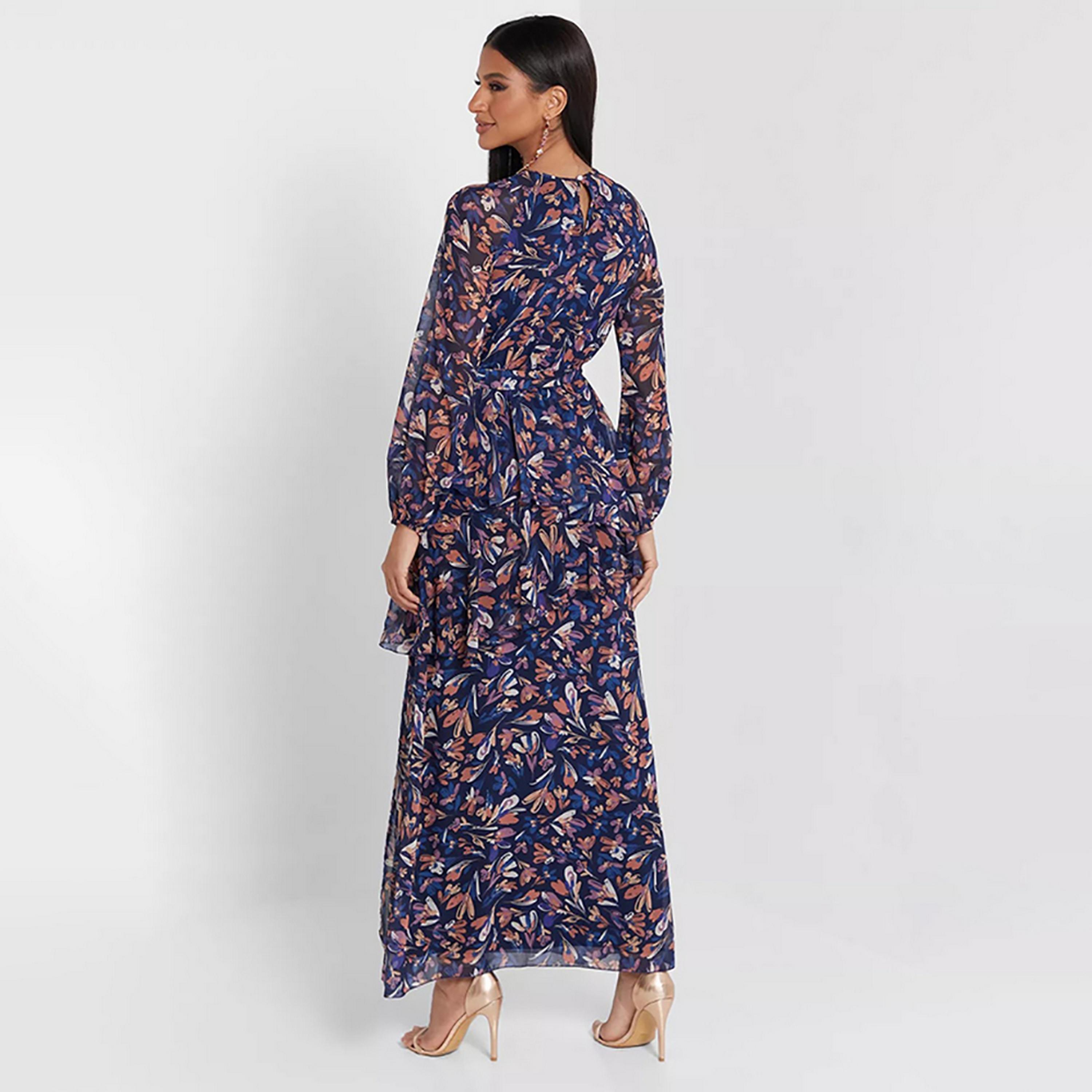Little Mistress Multicolour Floral Mock Neck Balloon Sleeves Fit and Flared Maxi Women's Dress-women-clothing-dresses-image-4