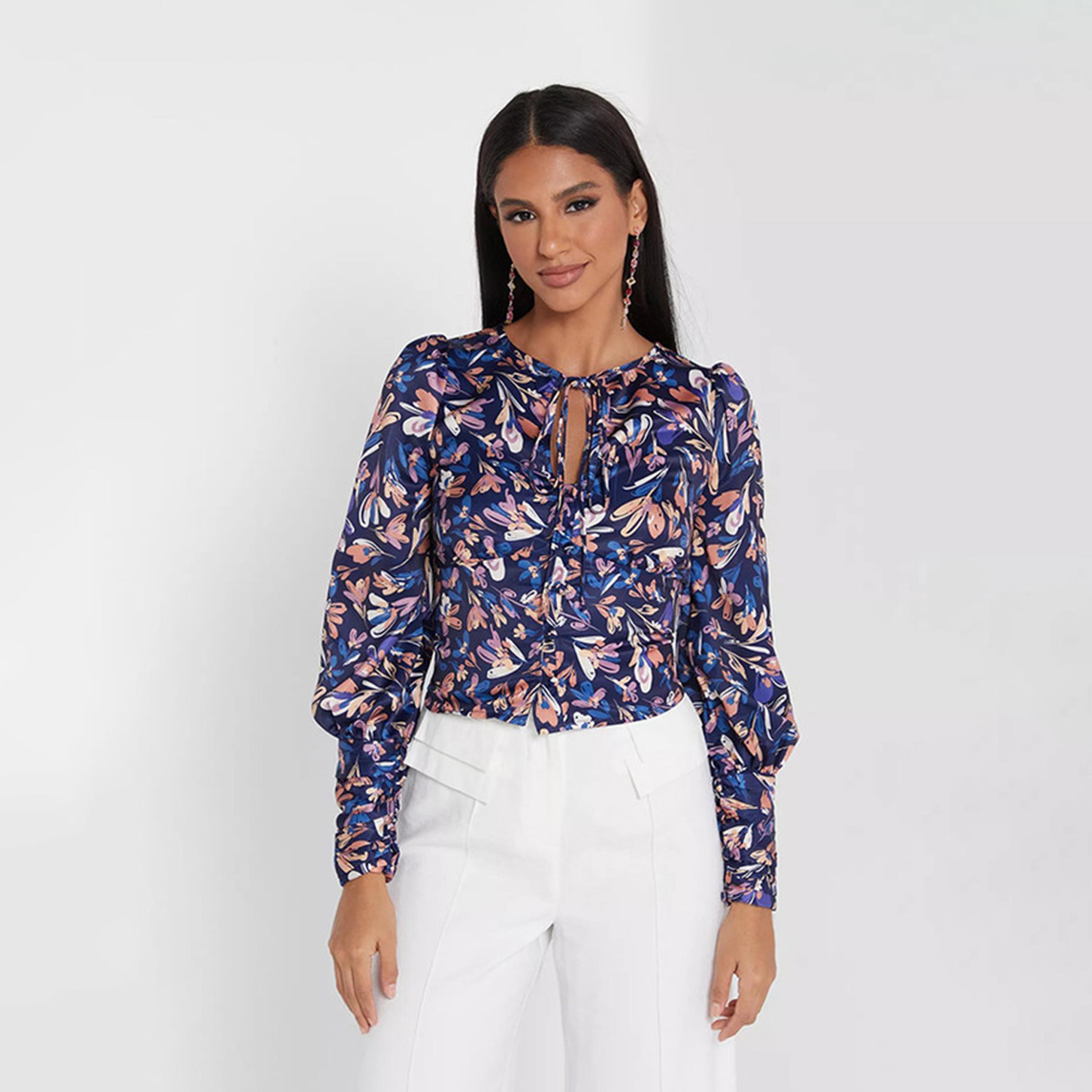 Little Mistress Floral Tie Neck Long Sleeves Top-women-clothing-shirtsandblouses-blouses-image-1