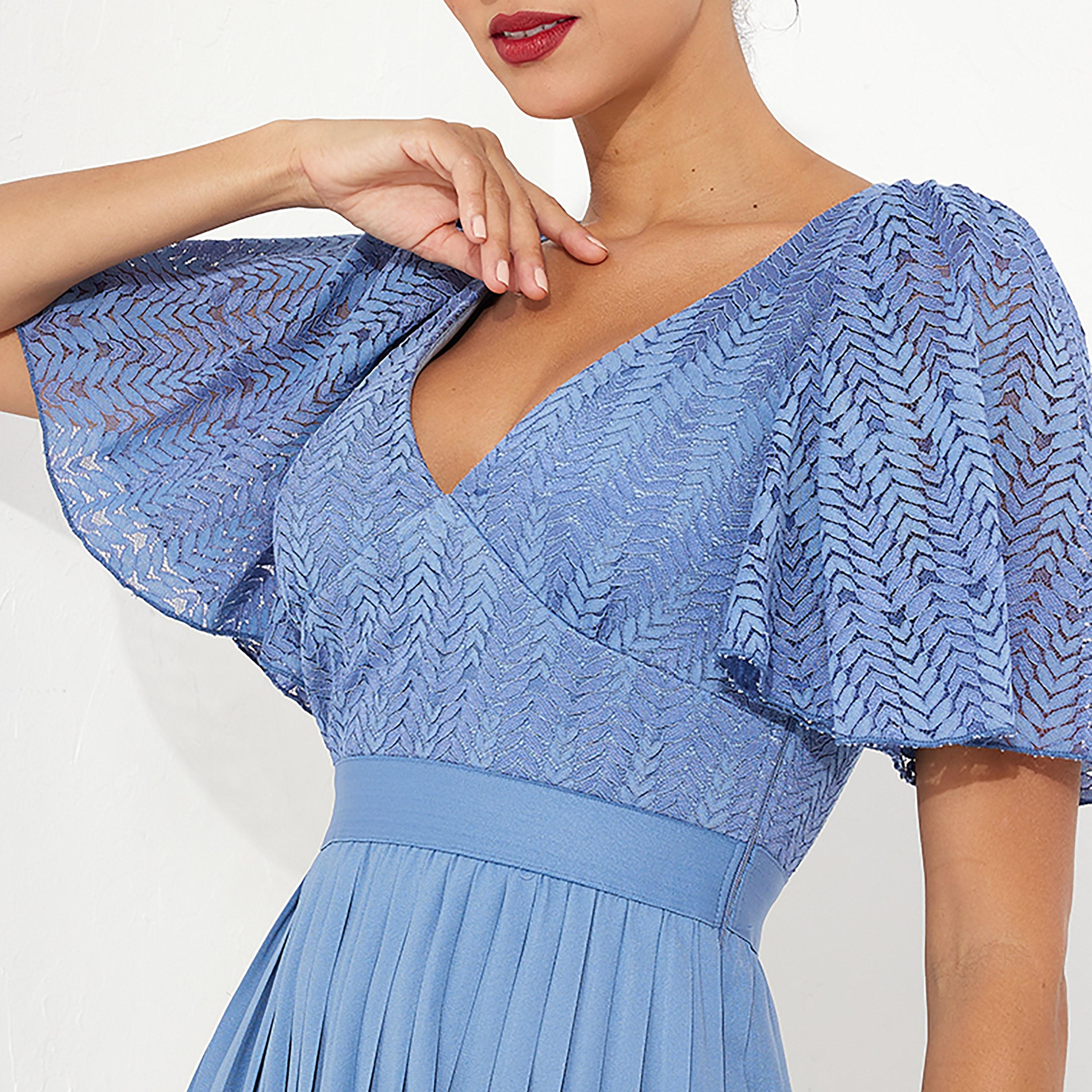 Little Mistress Blue Lace Plunge Neck Flared Sleeves Fit and Flared Midi Women's Dress-women-clothing-dresses-image-2
