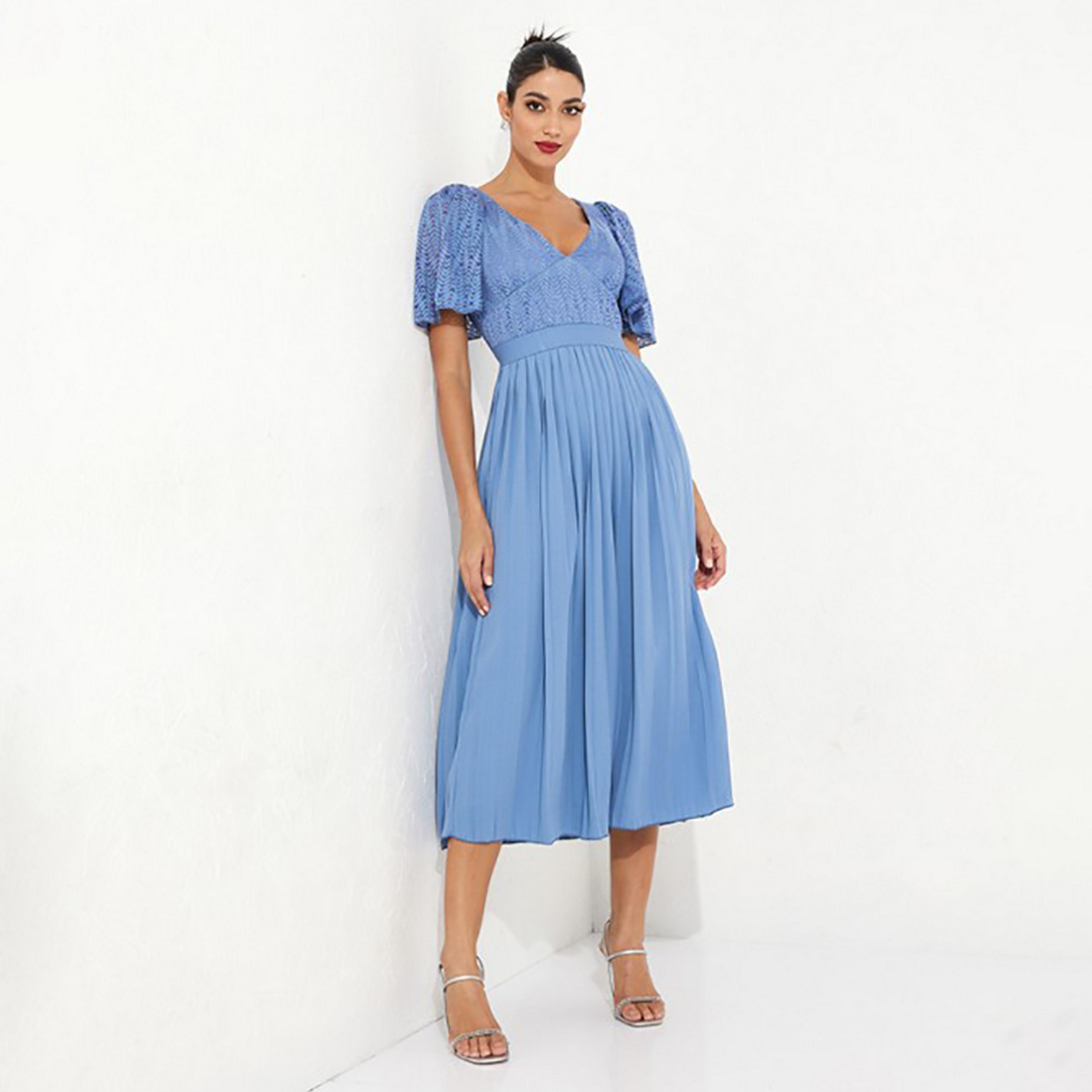 Little Mistress Blue Lace Plunge Neck Flared Sleeves Fit and Flared Midi Women's Dress-women-clothing-dresses-image-3
