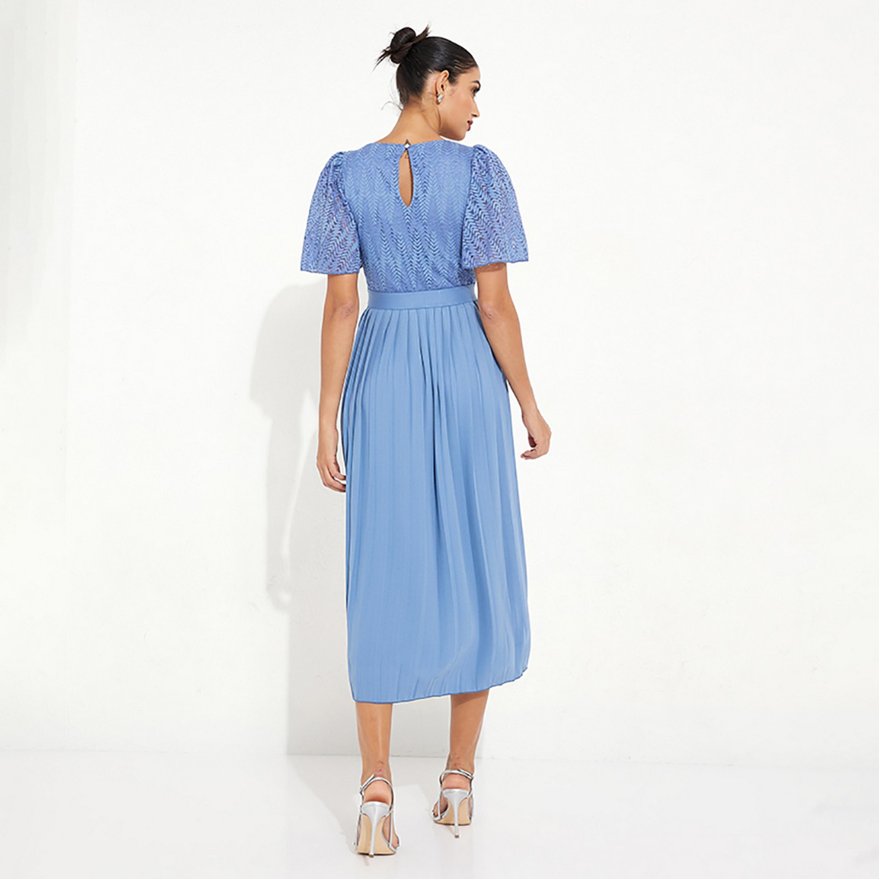 Little Mistress Blue Lace Plunge Neck Flared Sleeves Fit and Flared Midi Women's Dress-women-clothing-dresses-image-4