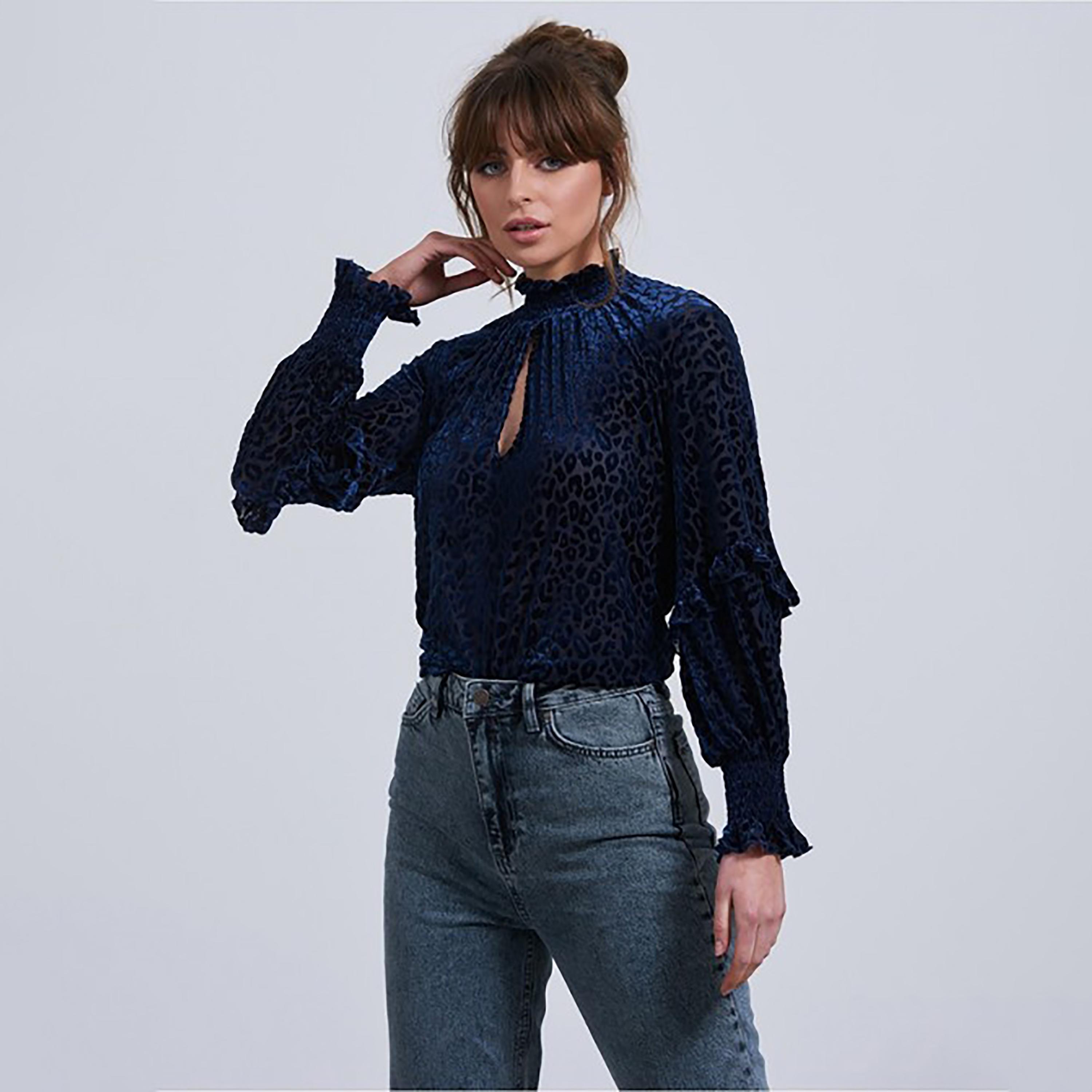 Little Mistress Navy Blue Printed Smocked High Neck Long Sleeves Women's Top-women-clothing-shirtsandblouses-blouses-image-1