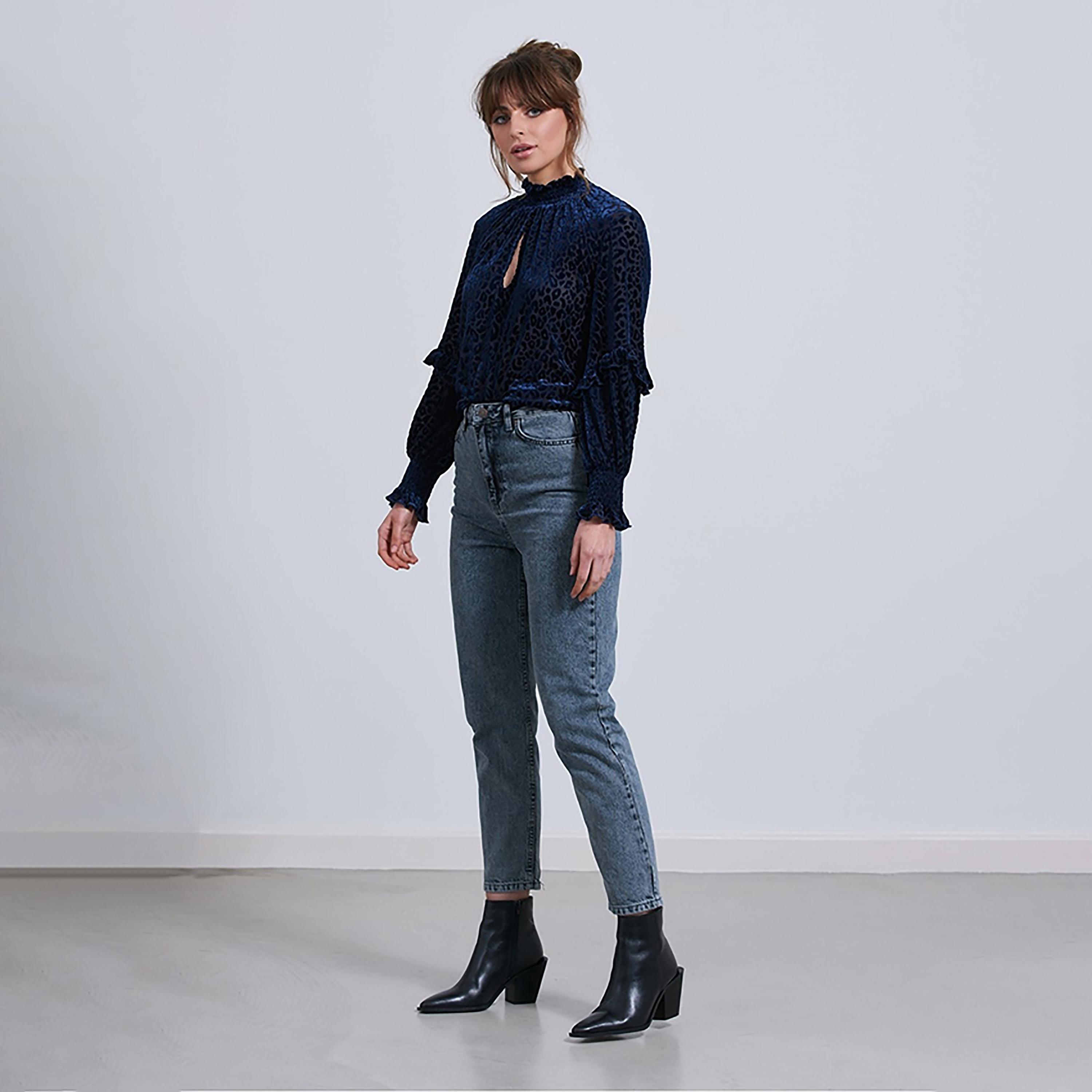 Little Mistress Navy Blue Printed Smocked High Neck Long Sleeves Women's Top-women-clothing-shirtsandblouses-blouses-image-2