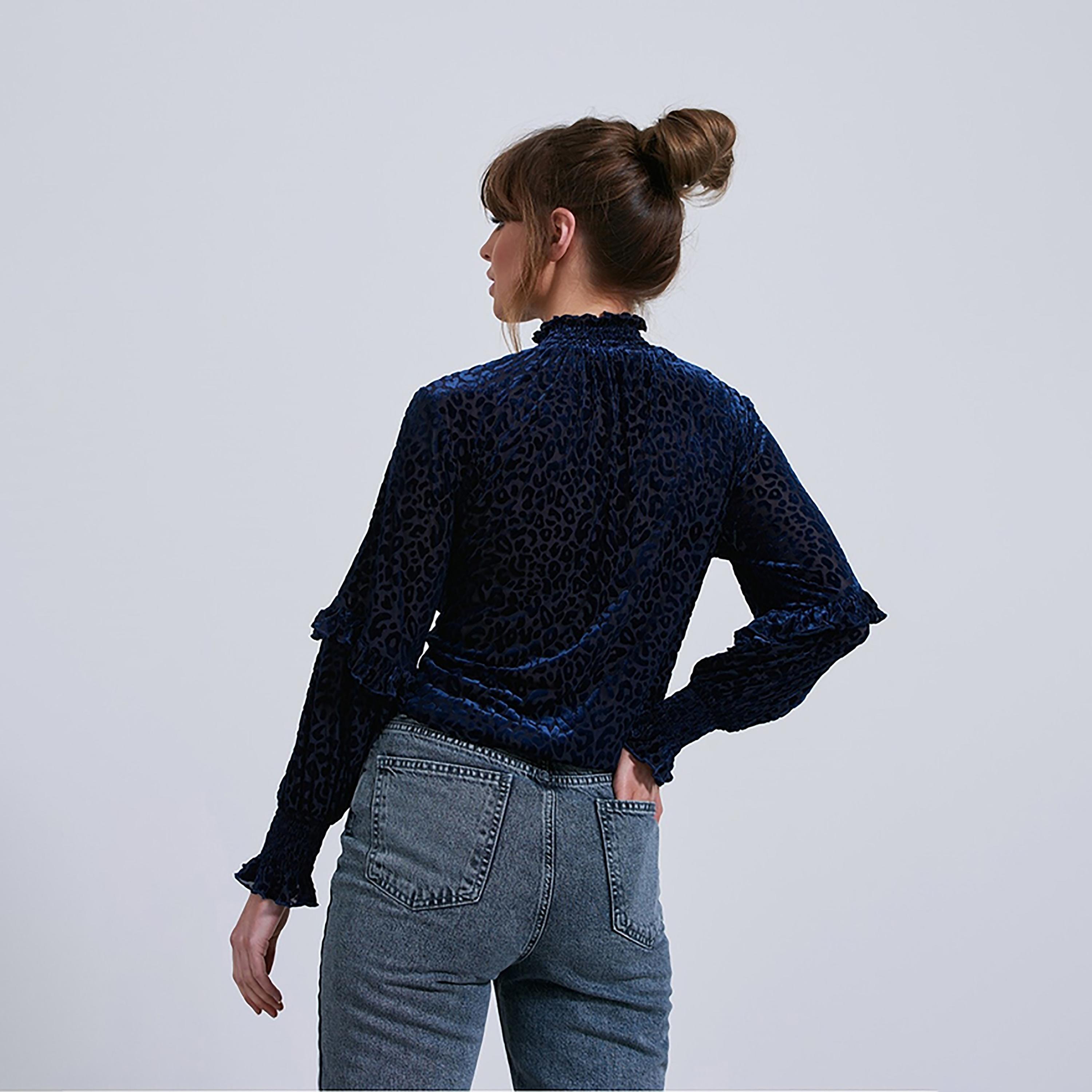 Little Mistress Navy Blue Printed Smocked High Neck Long Sleeves Women's Top-women-clothing-shirtsandblouses-blouses-image-4