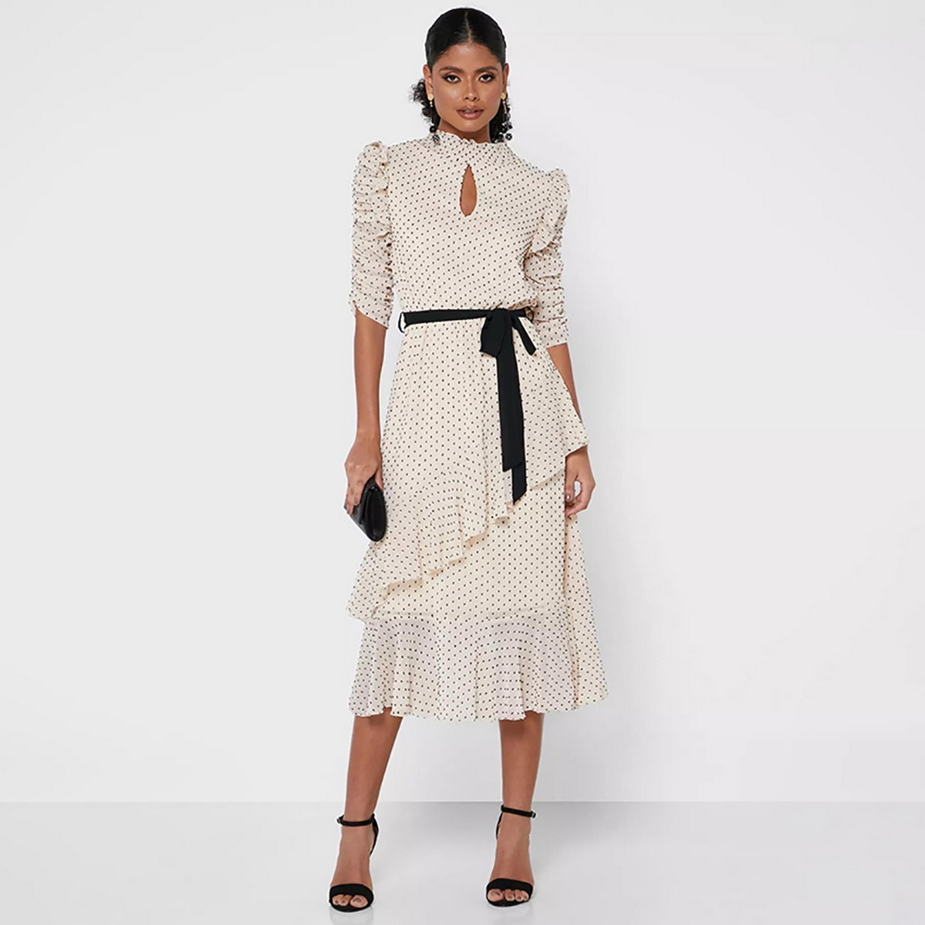 Little Mistress Beige Polka Dots Keyhole Neck Puff Sleeves Layered Midi Women's Dress-women-clothing-dresses-image-1
