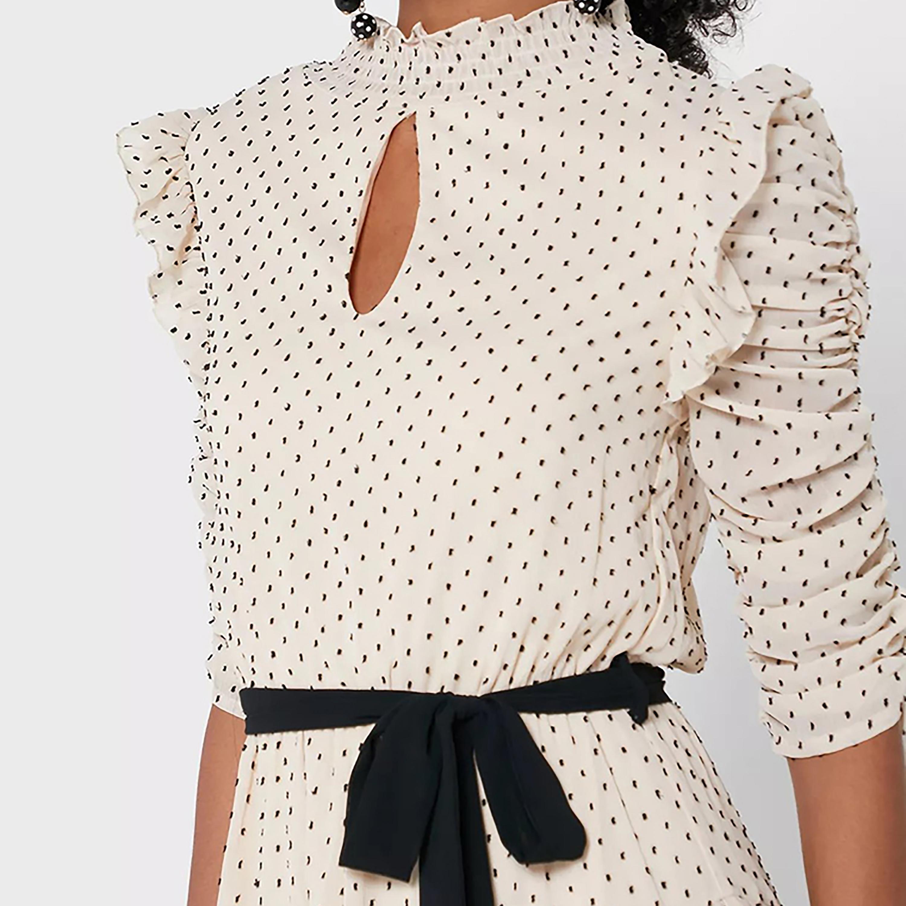 Little Mistress Beige Polka Dots Keyhole Neck Puff Sleeves Layered Midi Women's Dress-women-clothing-dresses-image-2