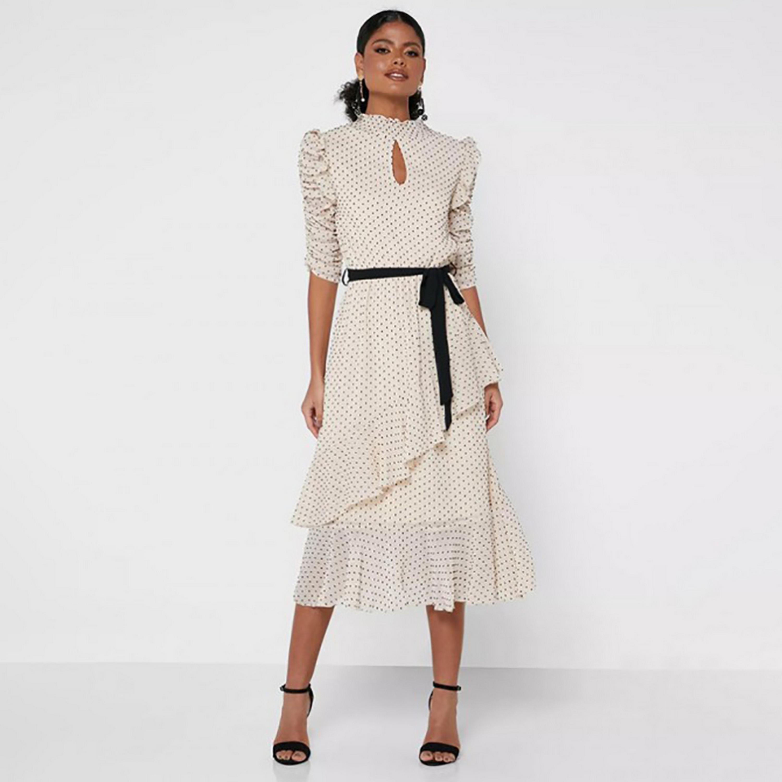 Little Mistress Beige Polka Dots Keyhole Neck Puff Sleeves Layered Midi Women's Dress-women-clothing-dresses-image-3