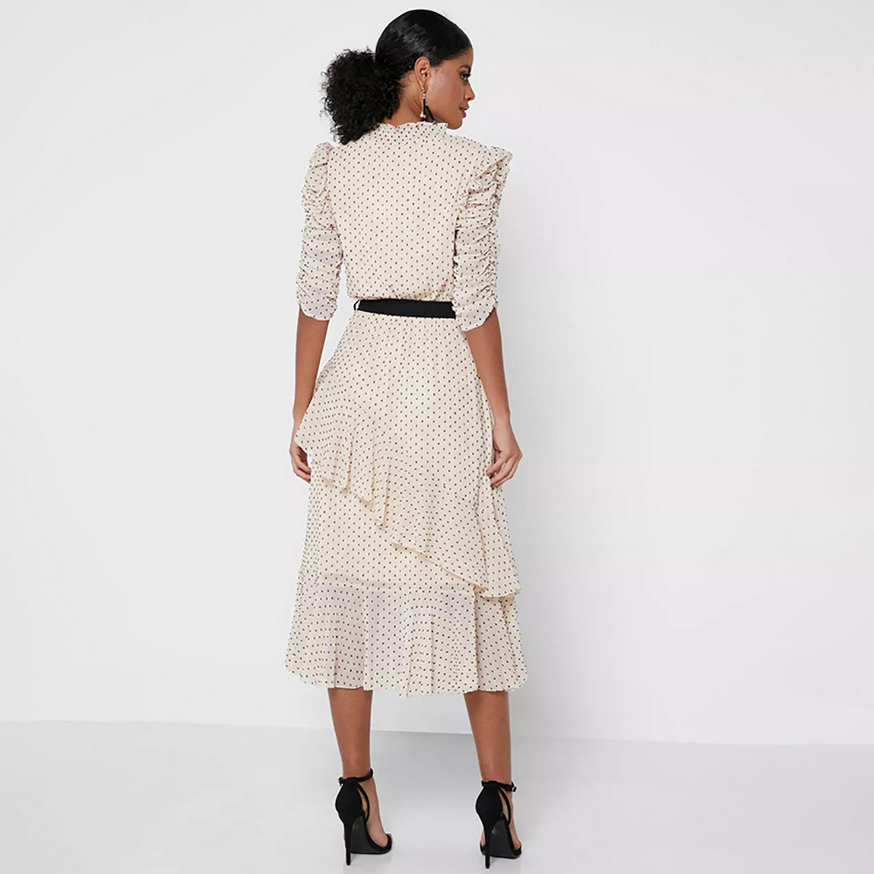 Little Mistress Beige Polka Dots Keyhole Neck Puff Sleeves Layered Midi Women's Dress-women-clothing-dresses-image-4