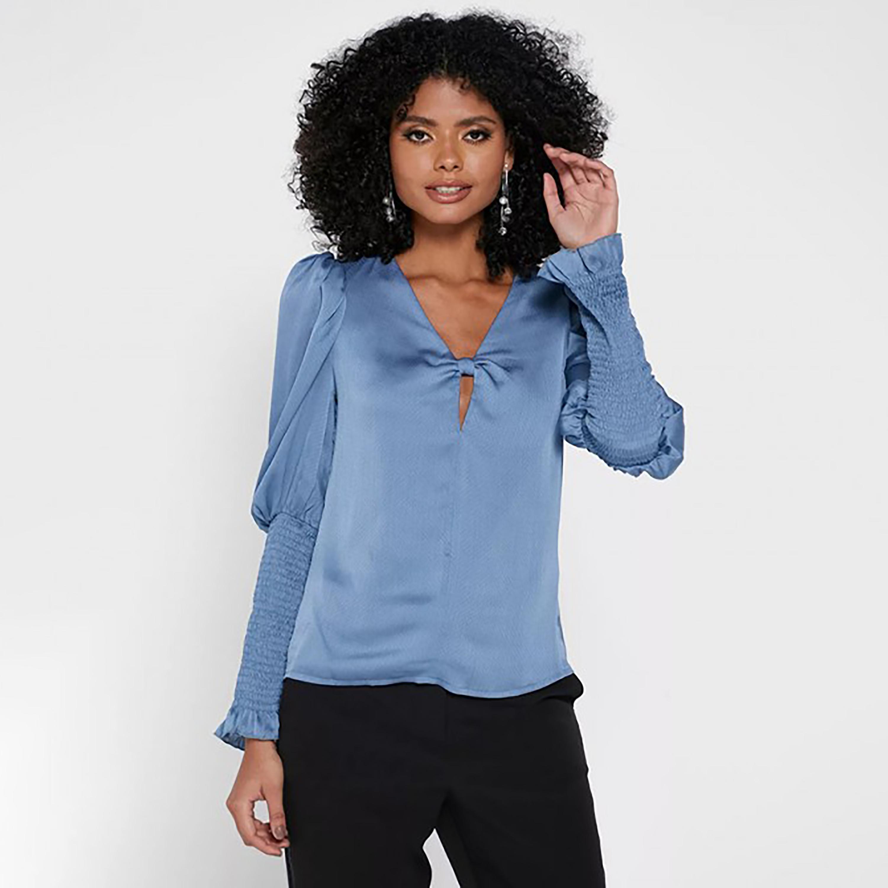 Little Mistress Blue Plain V-Neck Long Sleeves Women's Top-women-clothing-shirtsandblouses-blouses-image-1