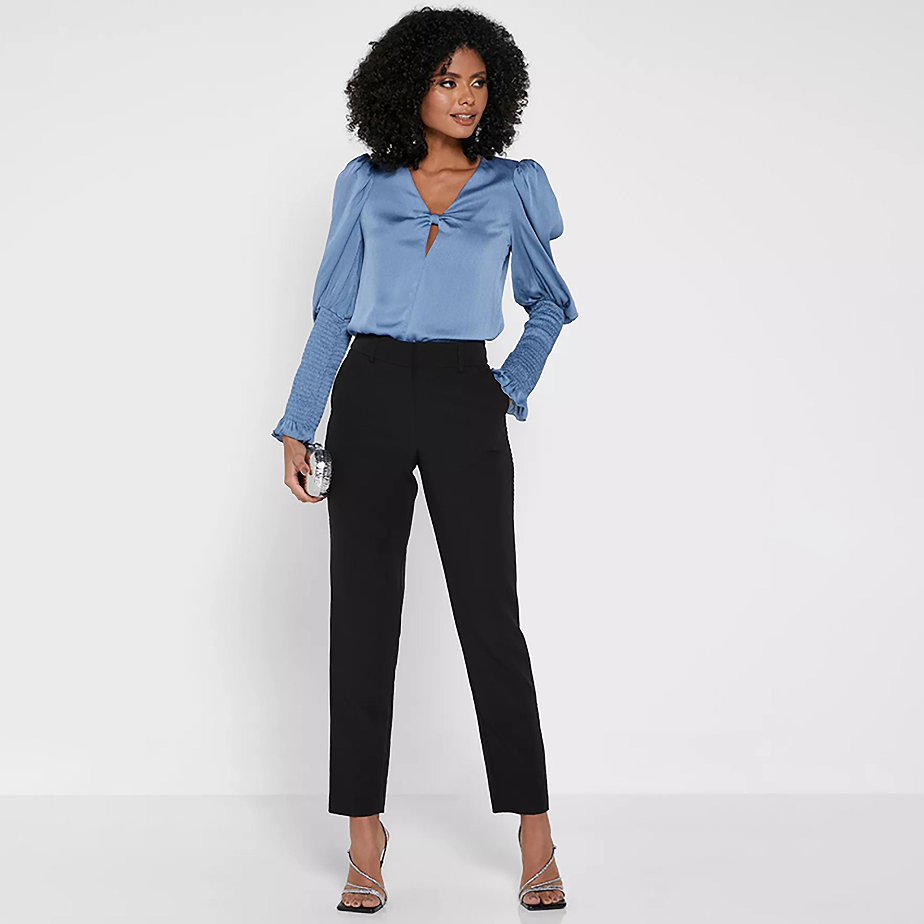 Little Mistress Blue Plain V-Neck Long Sleeves Women's Top-women-clothing-shirtsandblouses-blouses-image-2