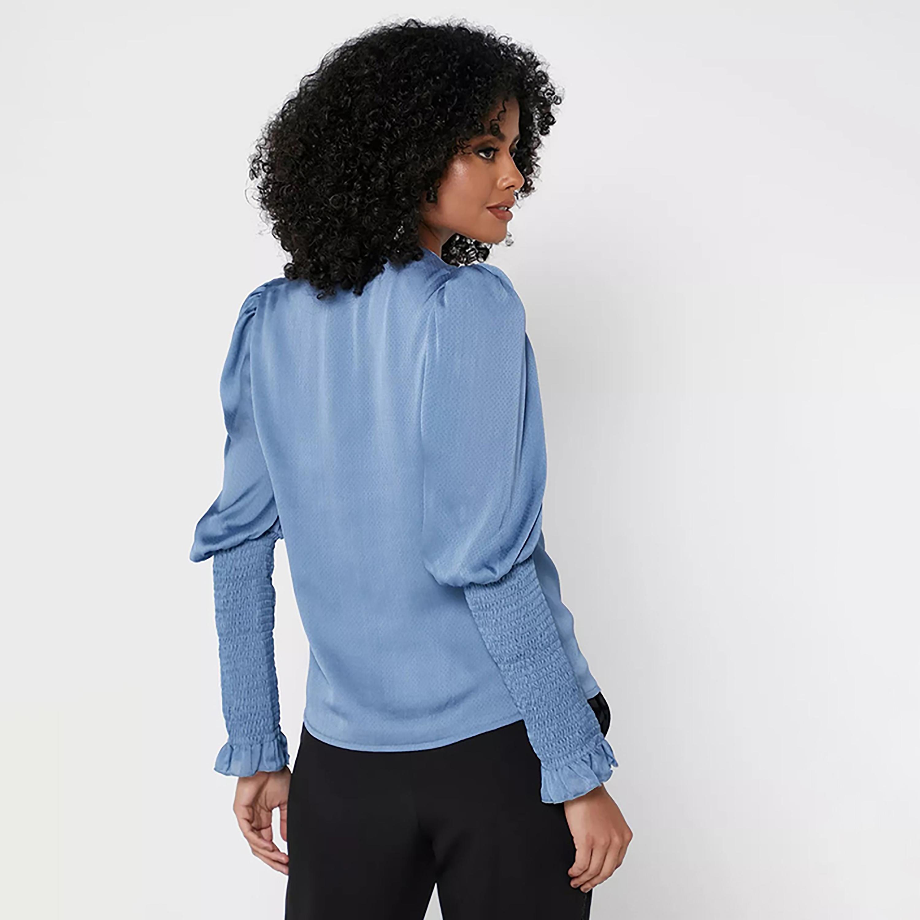 Little Mistress Blue Plain V-Neck Long Sleeves Women's Top-women-clothing-shirtsandblouses-blouses-image-3