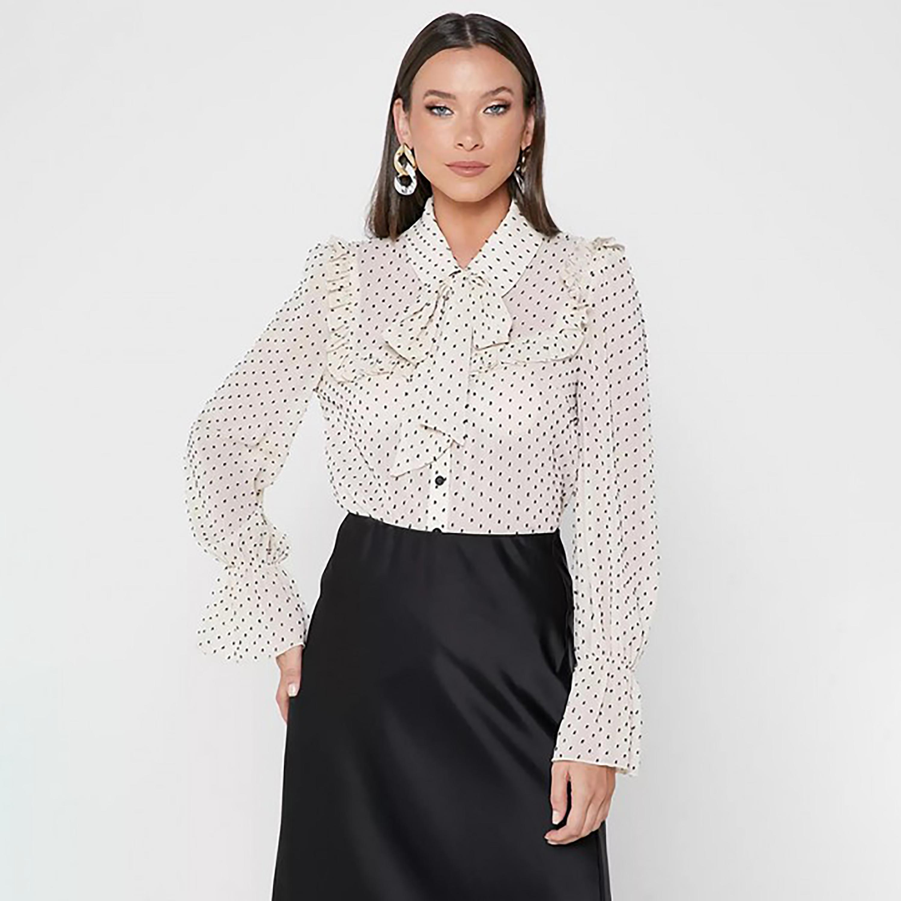 Little Mistress Off-White Polka Dots Collared Long Sleeves Women's Top-women-clothing-shirtsandblouses-blouses-image-1