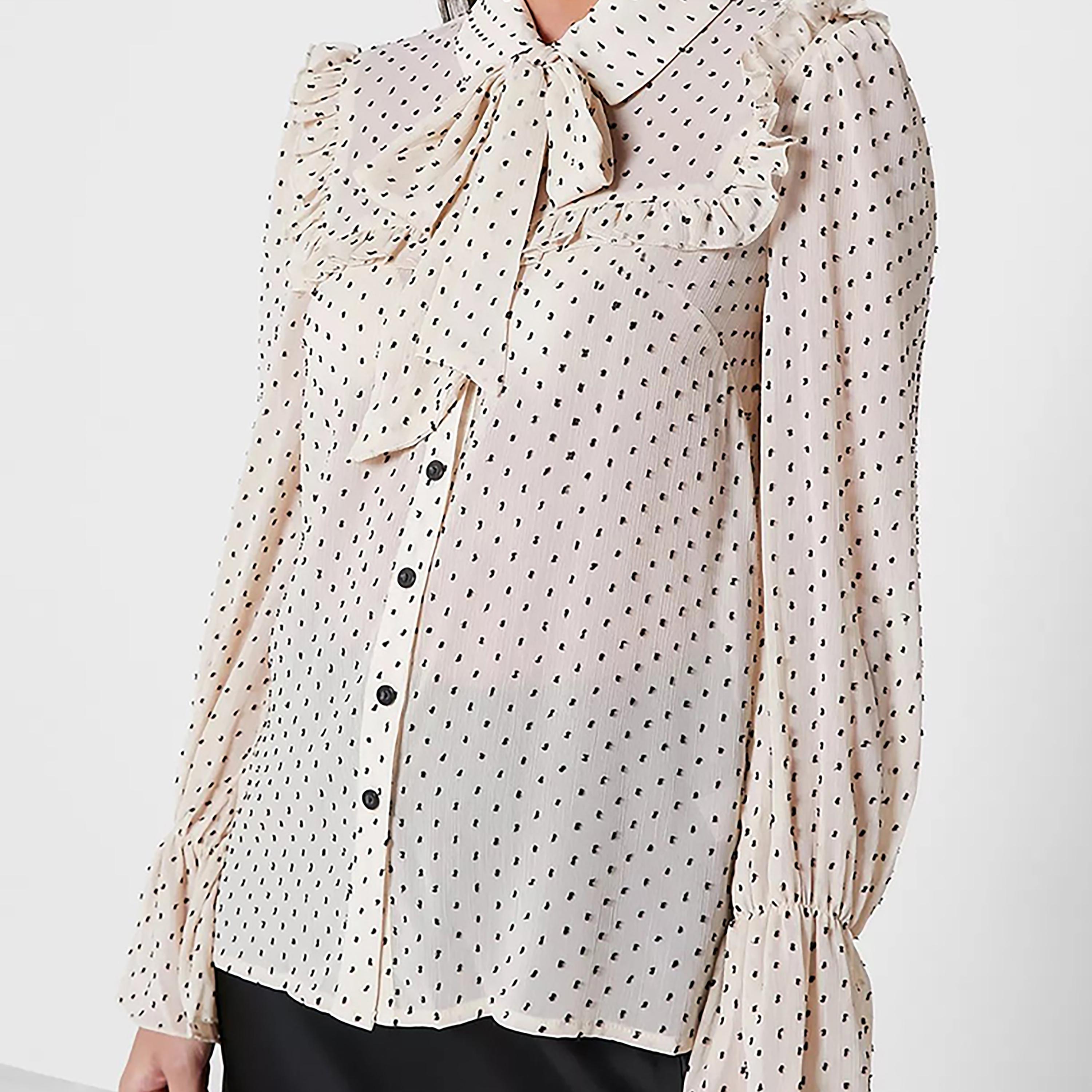 Little Mistress Off-White Polka Dots Collared Long Sleeves Women's Top-women-clothing-shirtsandblouses-blouses-image-3