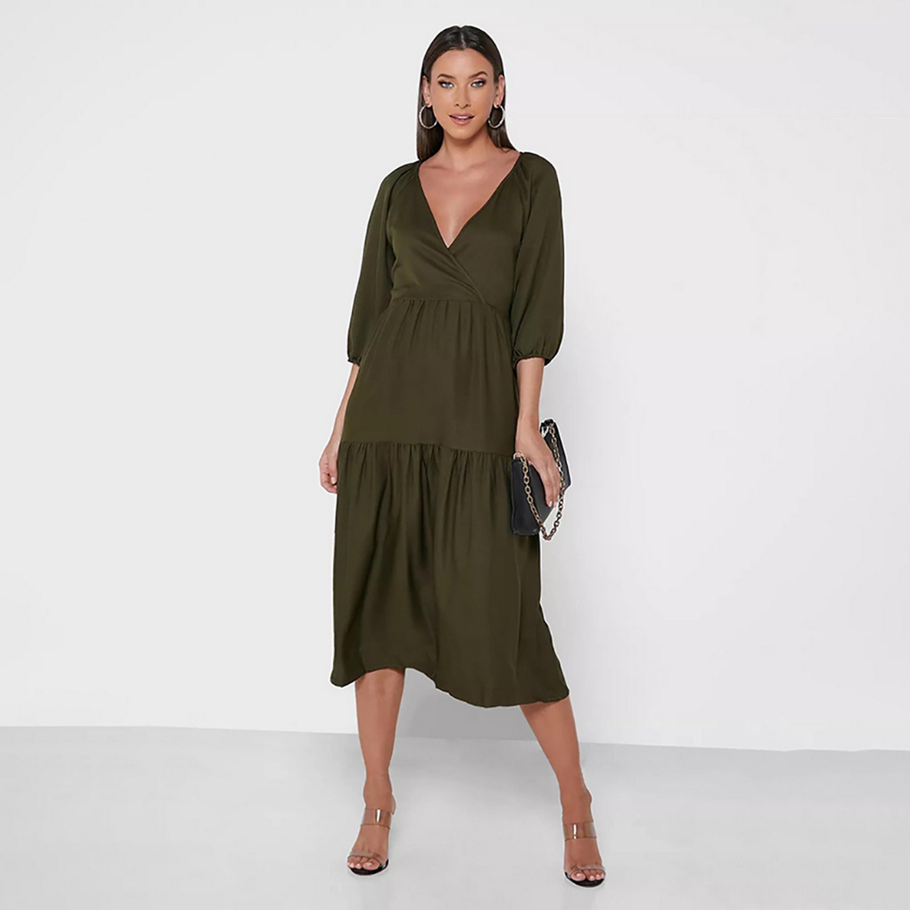 Little Mistress Khaki Plain Plunge Neck Tiered Midi Women's Dress-women-clothing-dresses-image-1