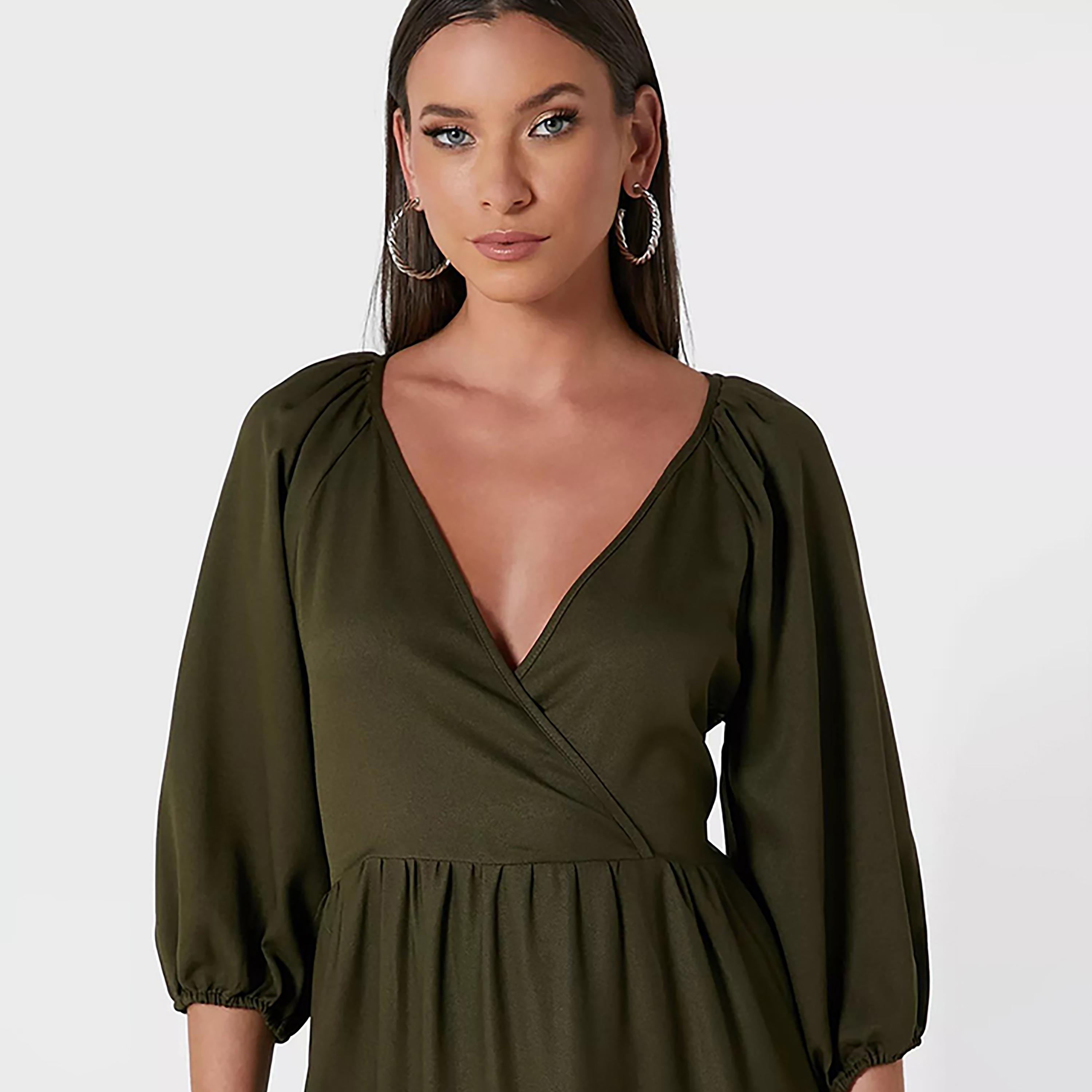 Little Mistress Khaki Plain Plunge Neck Tiered Midi Women's Dress-women-clothing-dresses-image-2