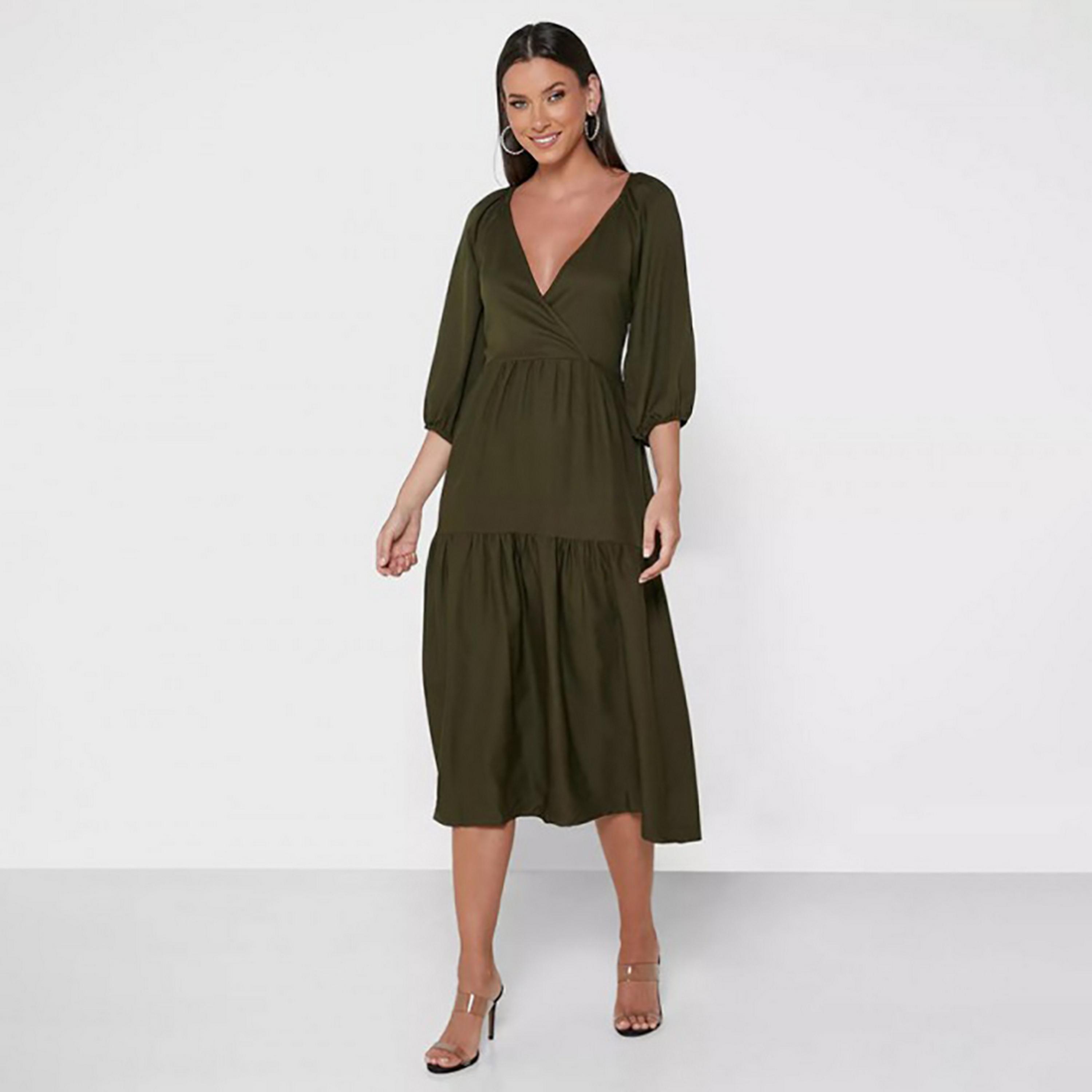 Little Mistress Khaki Plain Plunge Neck Tiered Midi Women's Dress-women-clothing-dresses-image-3