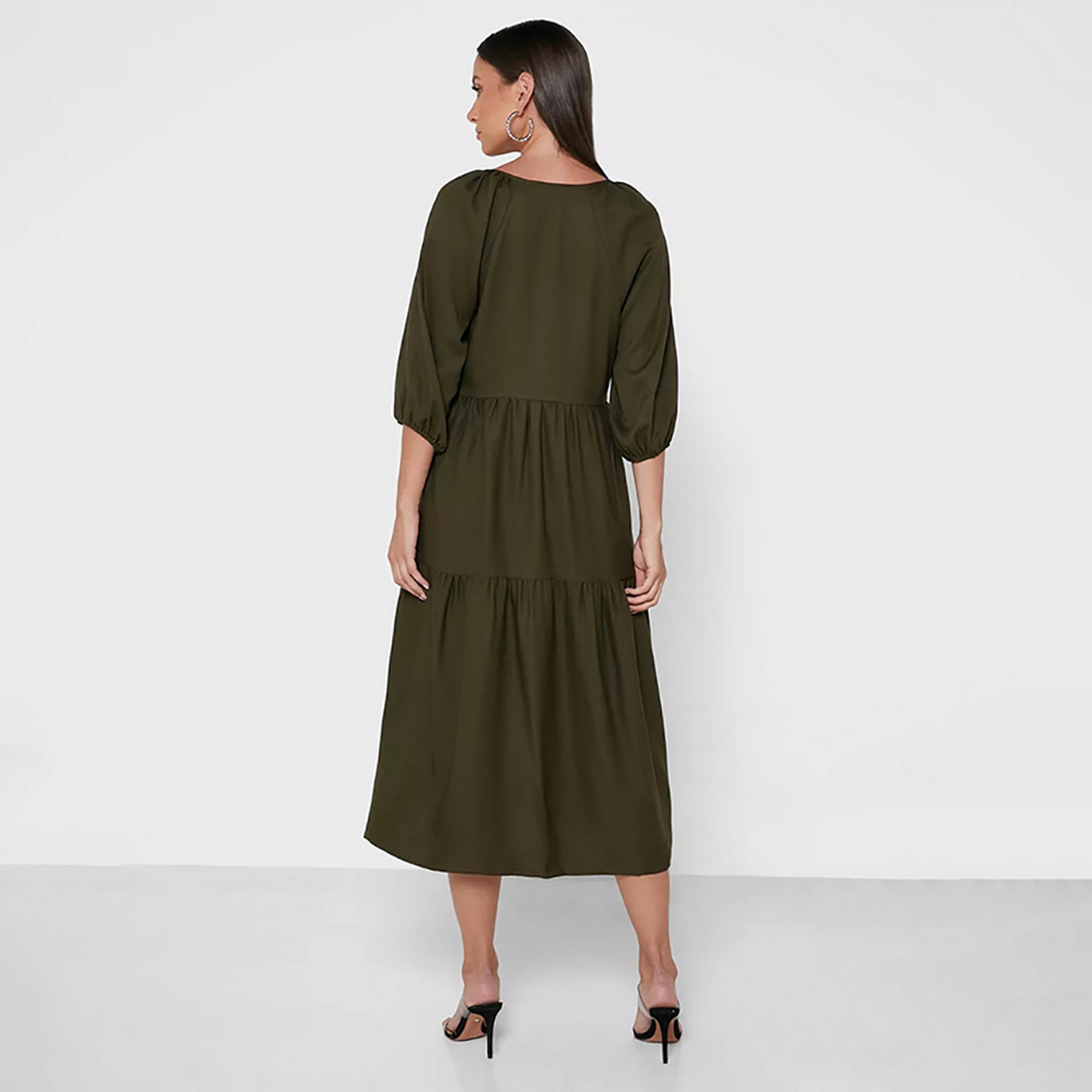 Little Mistress Khaki Plain Plunge Neck Tiered Midi Women's Dress-women-clothing-dresses-image-4