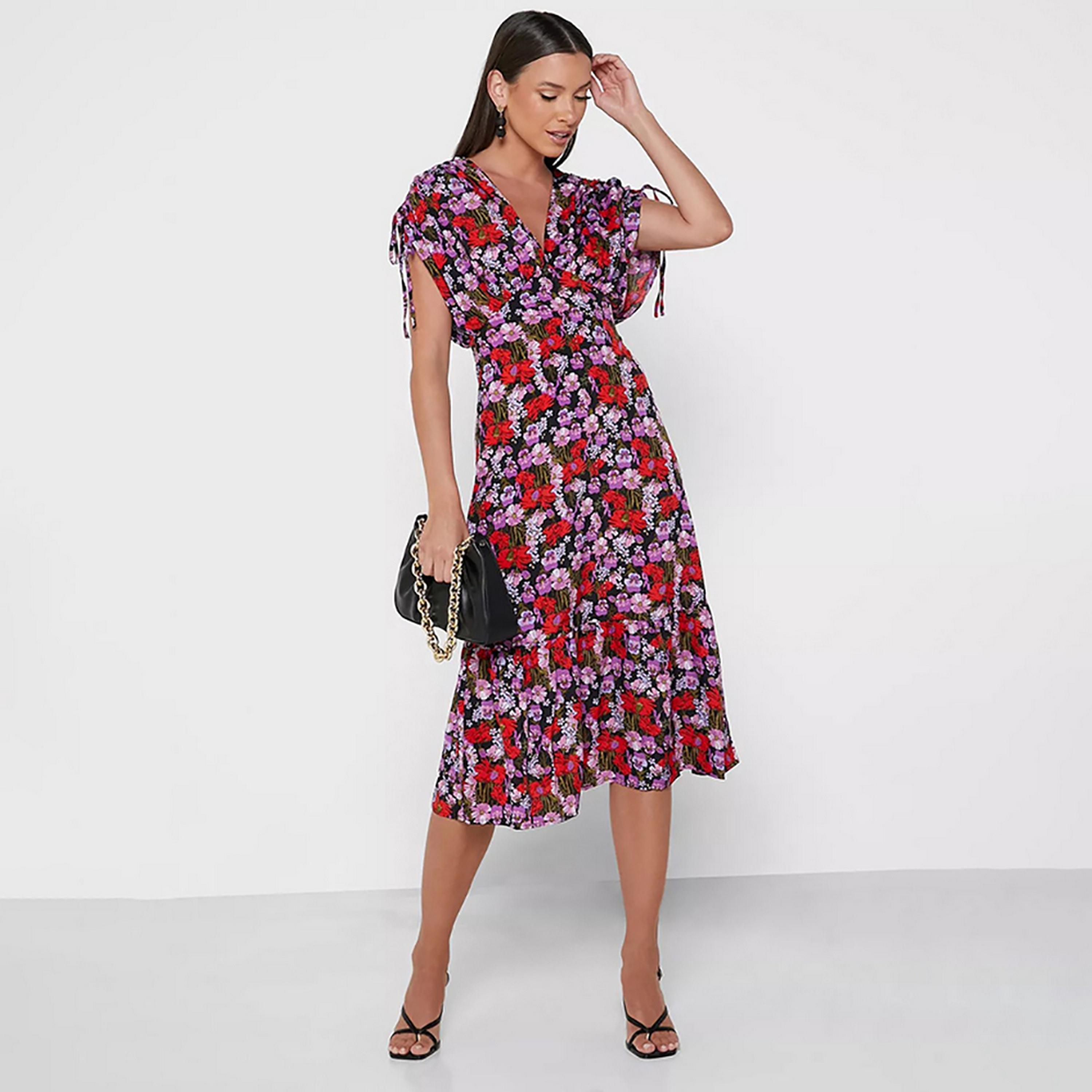 Little Mistress Multicolour Floral Plunge Neck Batwing Sleeves Straight Midi Women's Dress-women-clothing-dresses-image-1