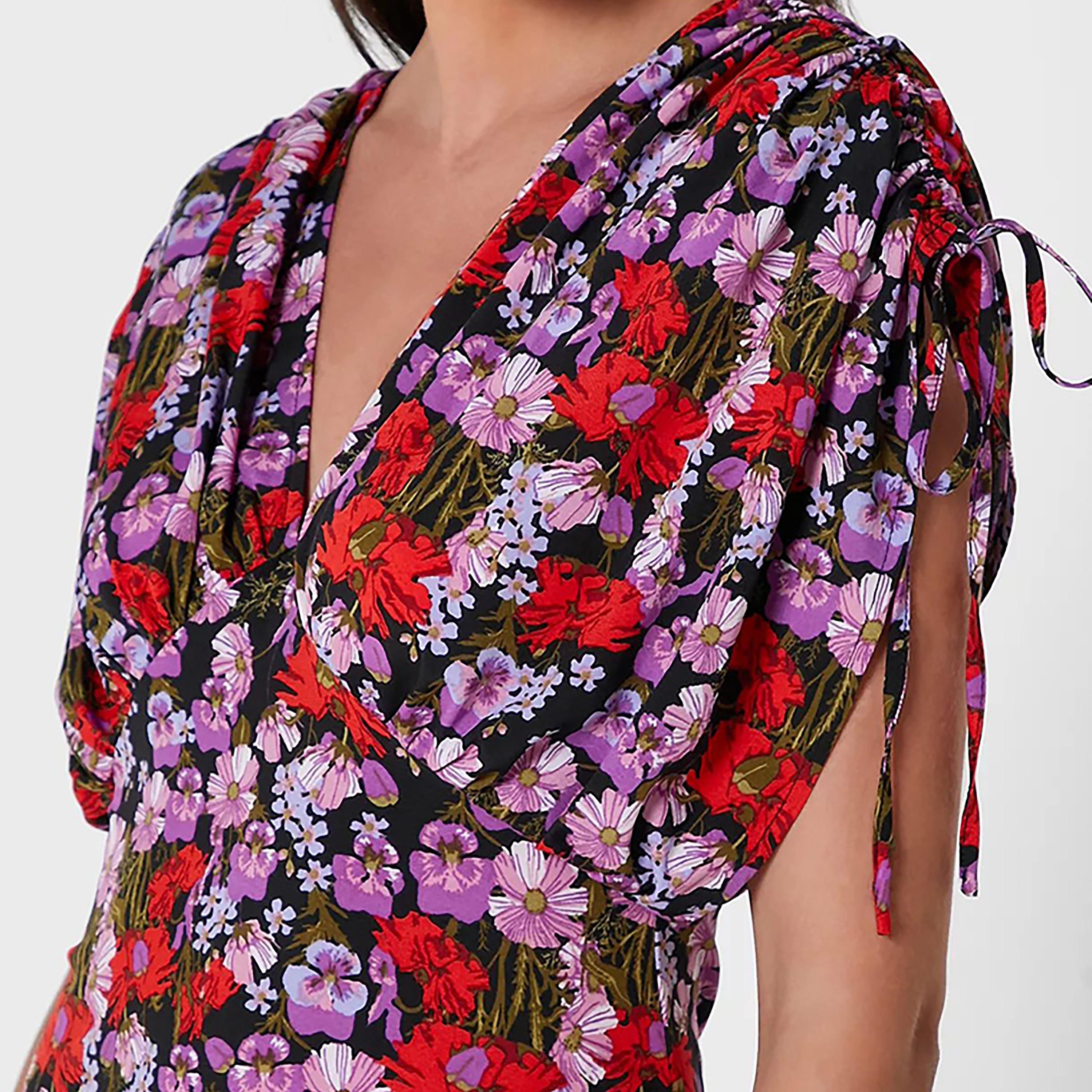 Little Mistress Multicolour Floral Plunge Neck Batwing Sleeves Straight Midi Women's Dress-women-clothing-dresses-image-2