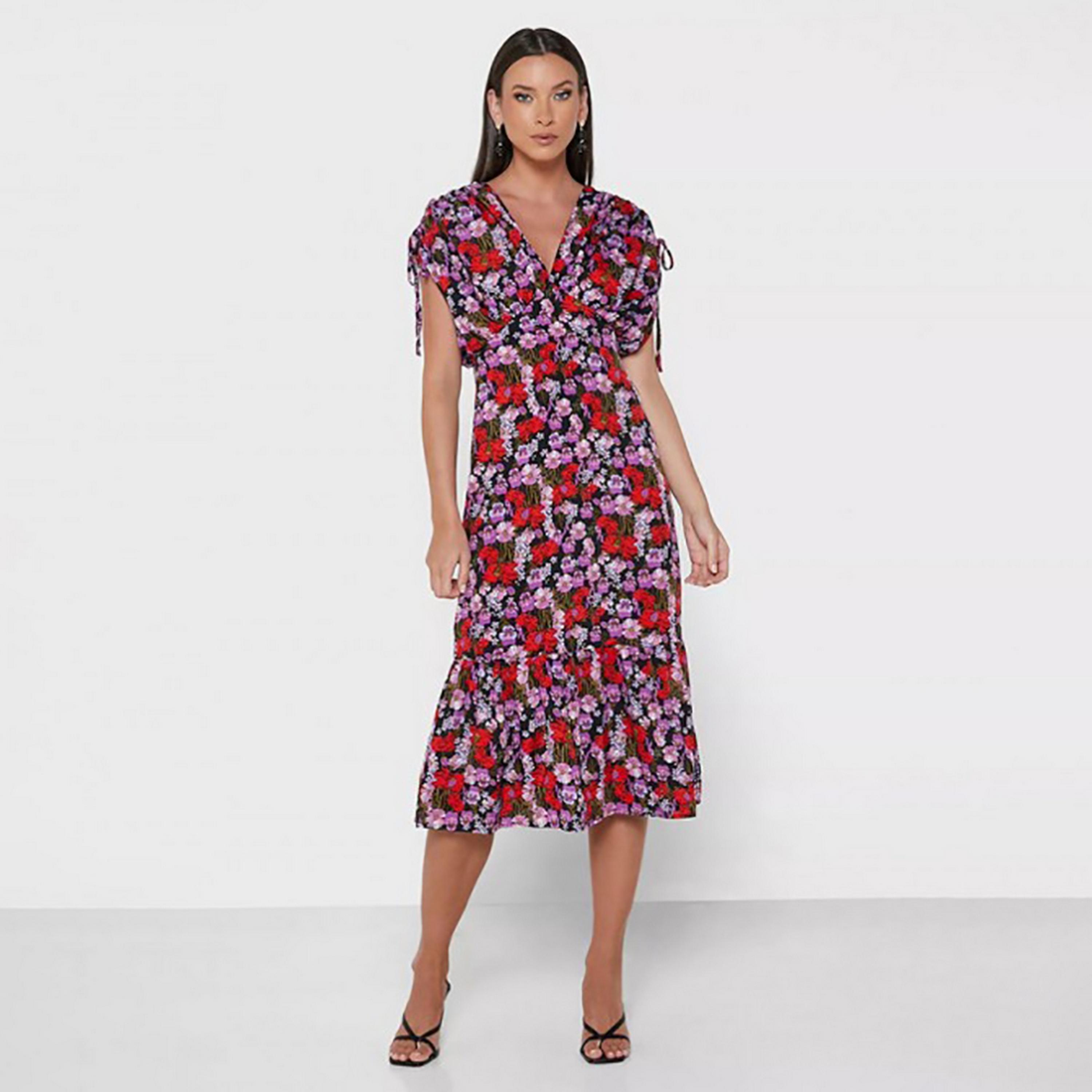 Little Mistress Multicolour Floral Plunge Neck Batwing Sleeves Straight Midi Women's Dress-women-clothing-dresses-image-3