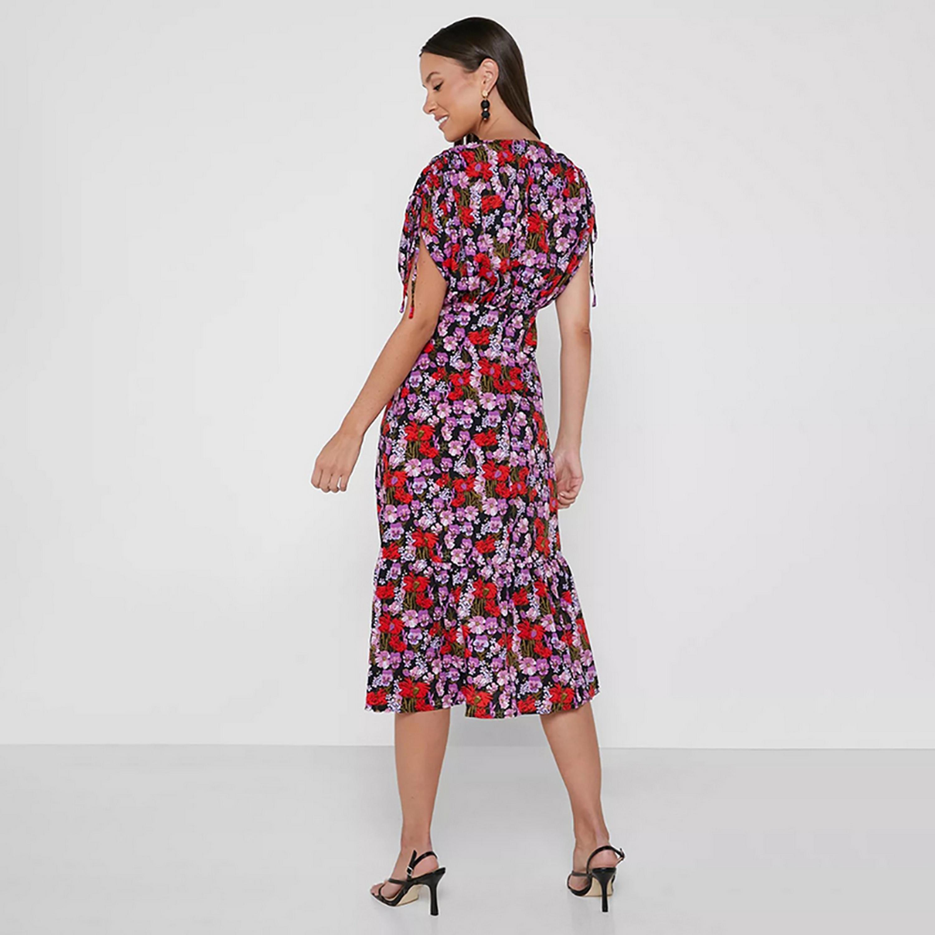 Little Mistress Multicolour Floral Plunge Neck Batwing Sleeves Straight Midi Women's Dress-women-clothing-dresses-image-4