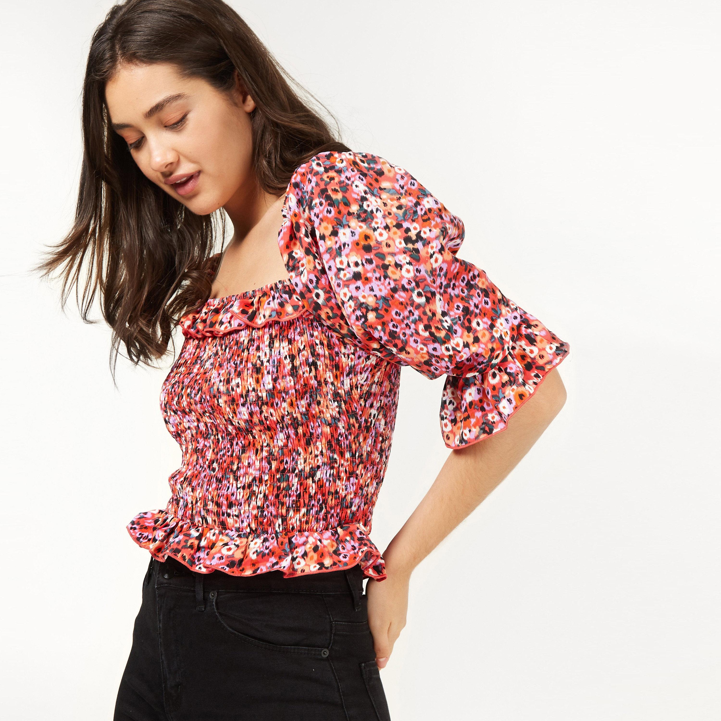 ميتل مسترس- بلوزة قصيرة مورد فبة مربعة أكمام منفوخة-women-clothing-shirtsandblouses-blouses-image-1