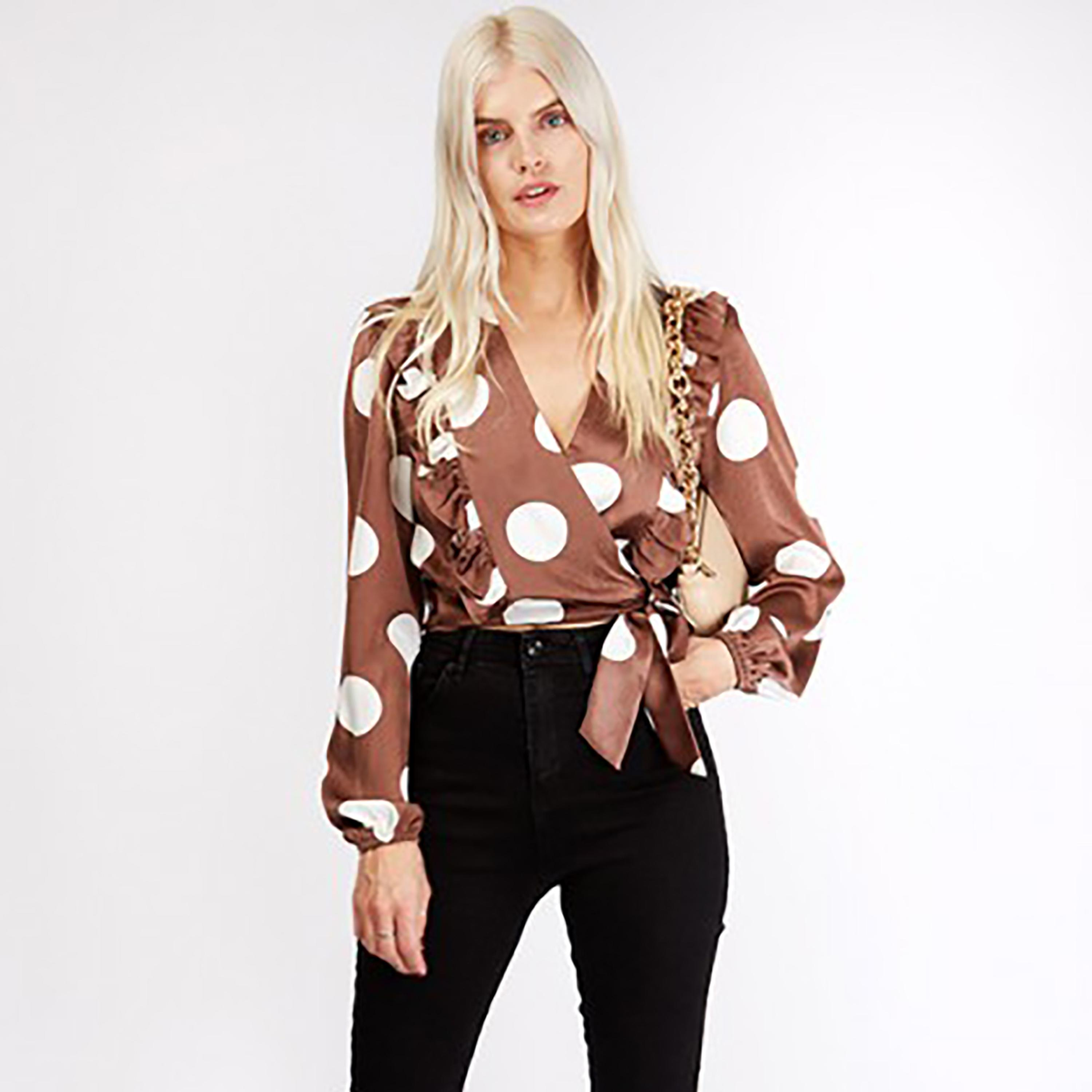 Little Mistress Brown Polka Dots Plunge Neck Long Sleeves Women's Wrap Top-women-clothing-shirtsandblouses-blouses-image-1