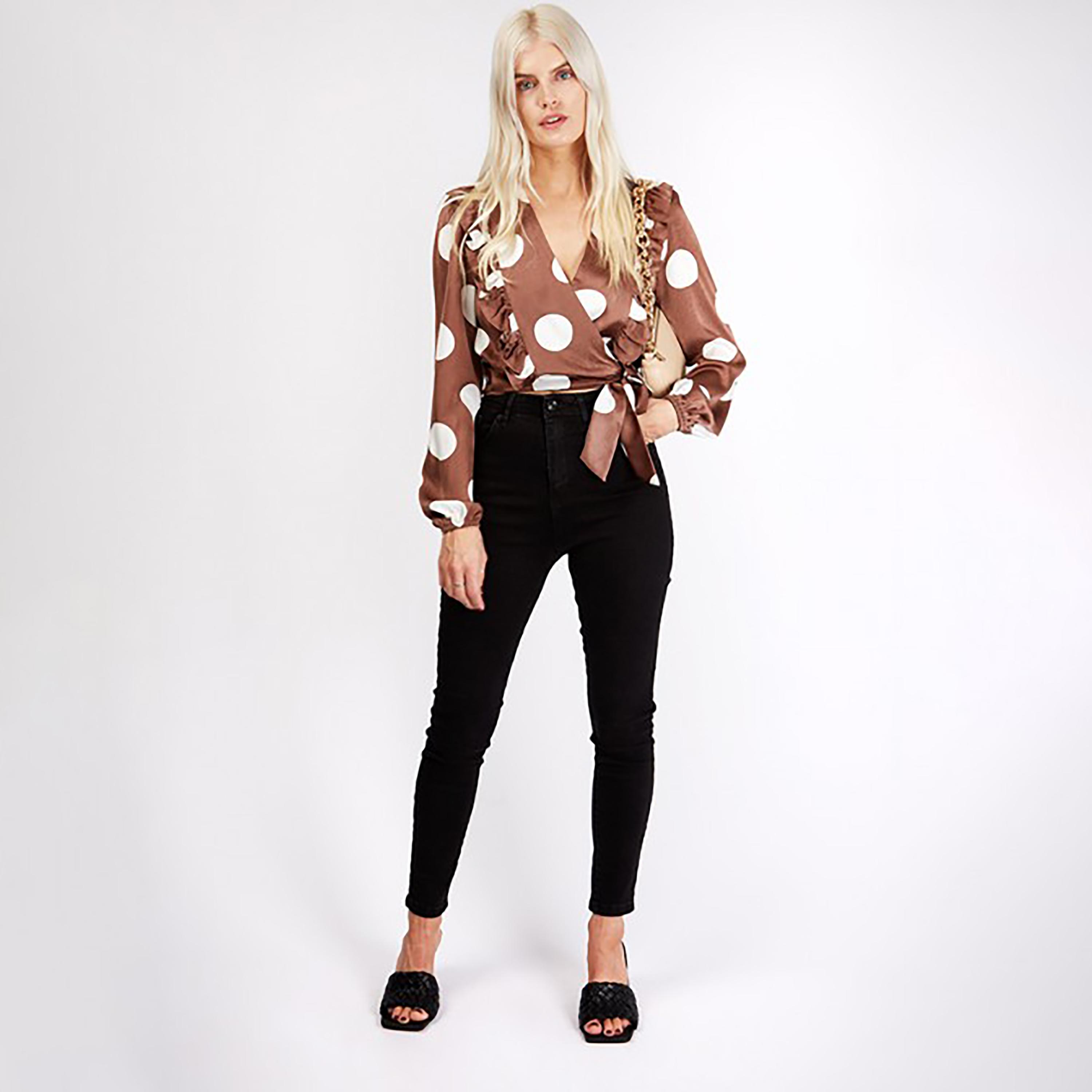 Little Mistress Brown Polka Dots Plunge Neck Long Sleeves Women's Wrap Top-women-clothing-shirtsandblouses-blouses-image-2