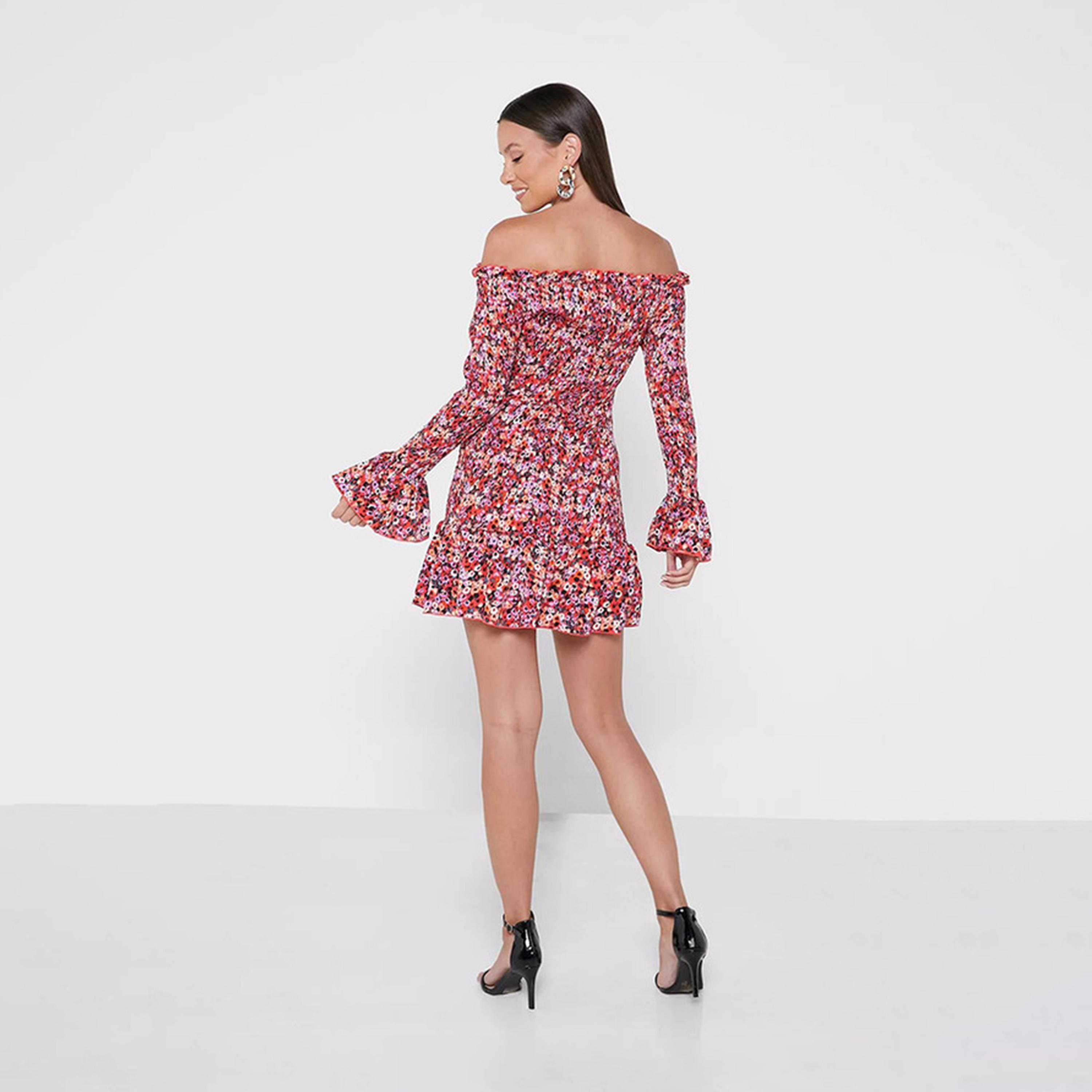 فستان قصير سكيتر بأكتاف مكشوفة ذو زهرية بمتعدد الألوان من ليتل ميستريس -women-clothing-dresses-image-2