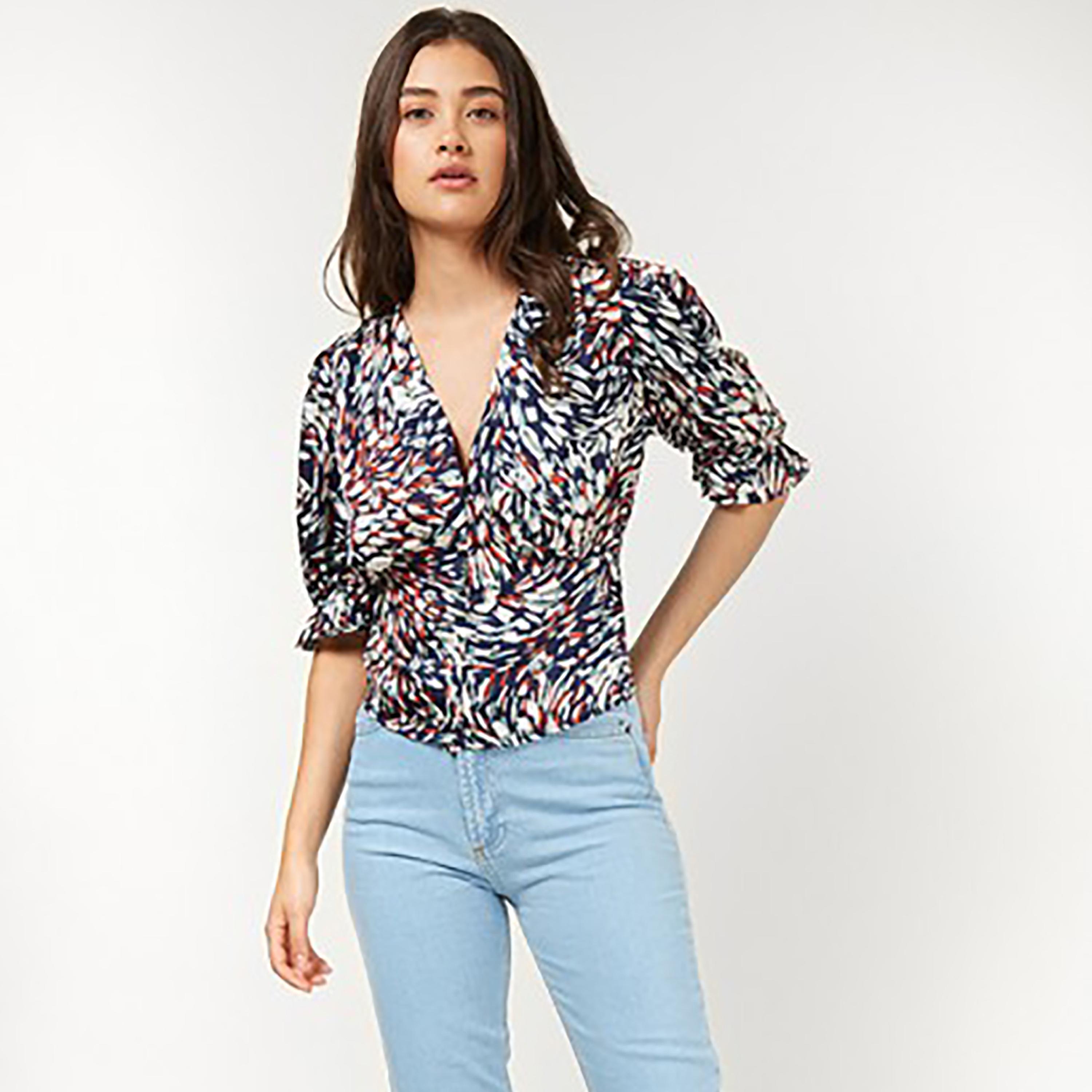 Little Mistress Multicolour Printed Plunge Neck Three-Quarter Sleeves Women's Top-women-clothing-shirtsandblouses-blouses-image-1