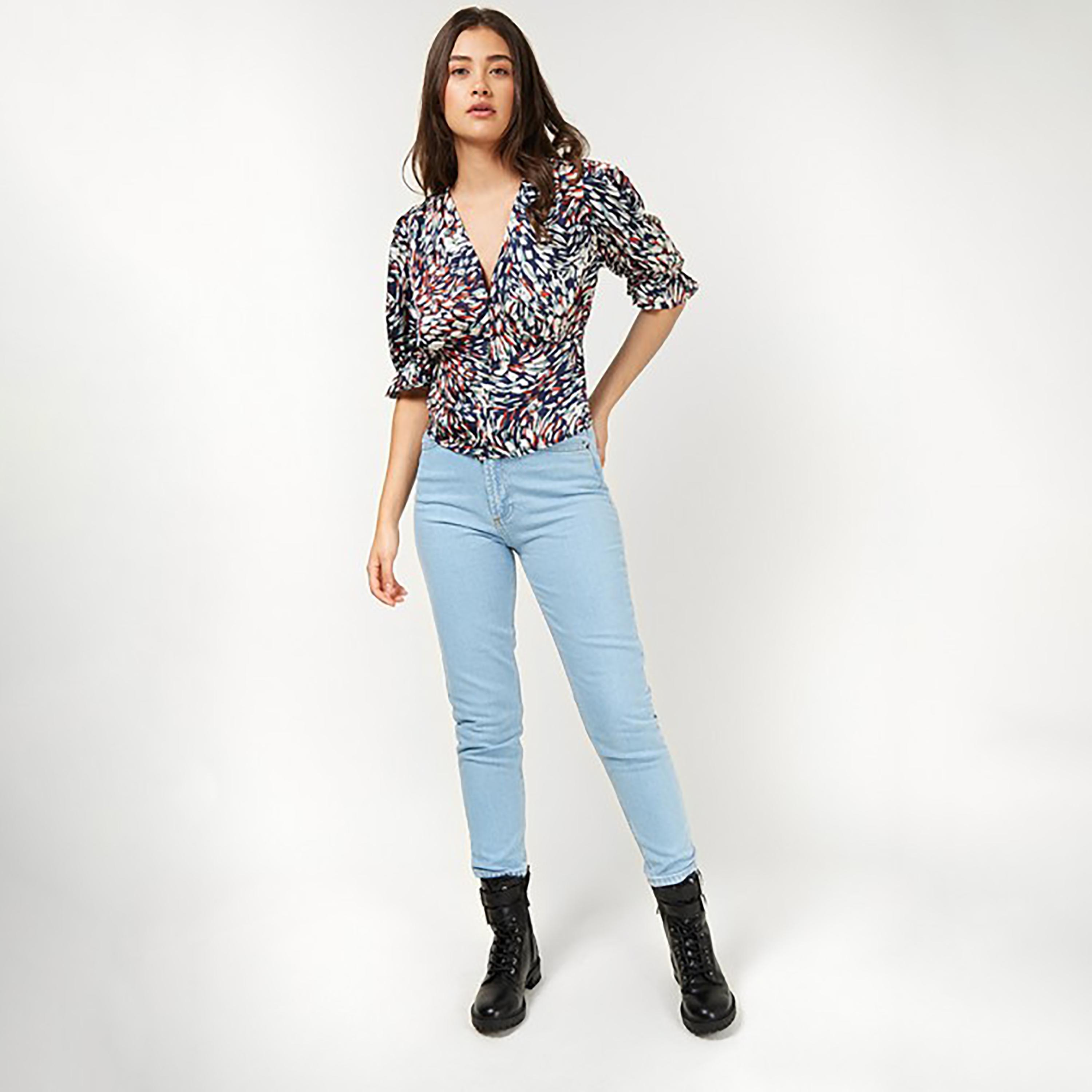 Little Mistress Multicolour Printed Plunge Neck Three-Quarter Sleeves Women's Top-women-clothing-shirtsandblouses-blouses-image-2