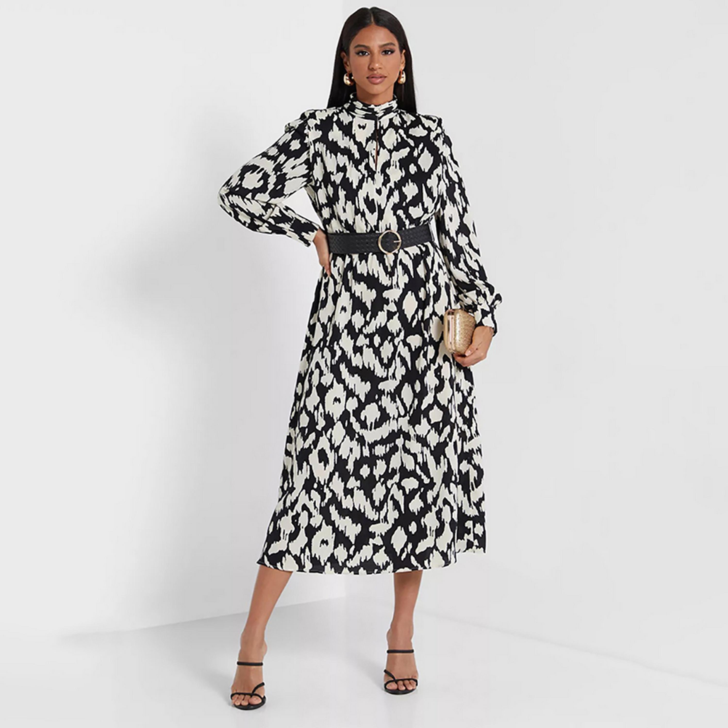 Little Mistress Multicolour Printed Bishop Sleeves Fit and Flared Midi Women's Dress-women-clothing-dresses-image-1