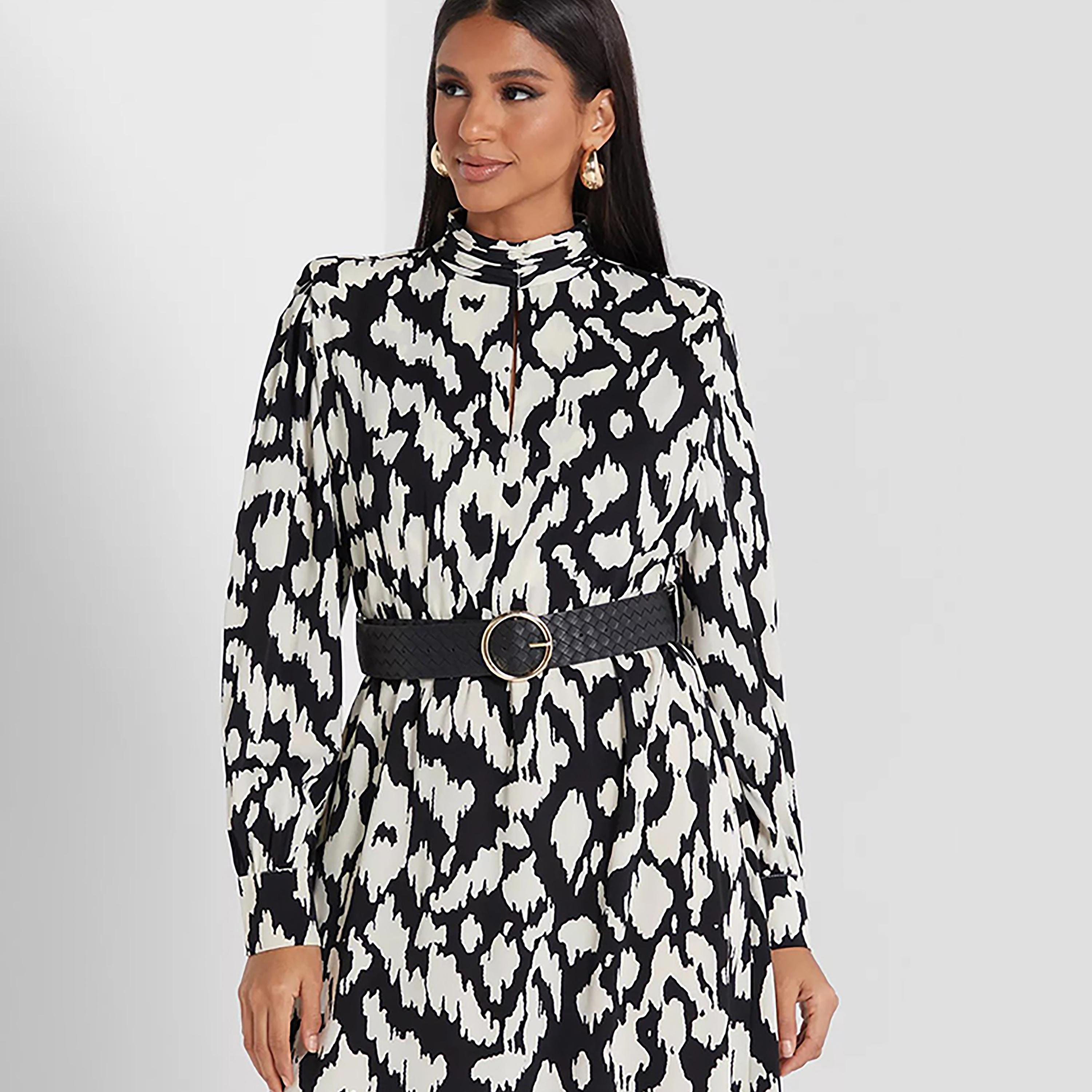 Little Mistress Multicolour Printed Bishop Sleeves Fit and Flared Midi Women's Dress-women-clothing-dresses-image-2