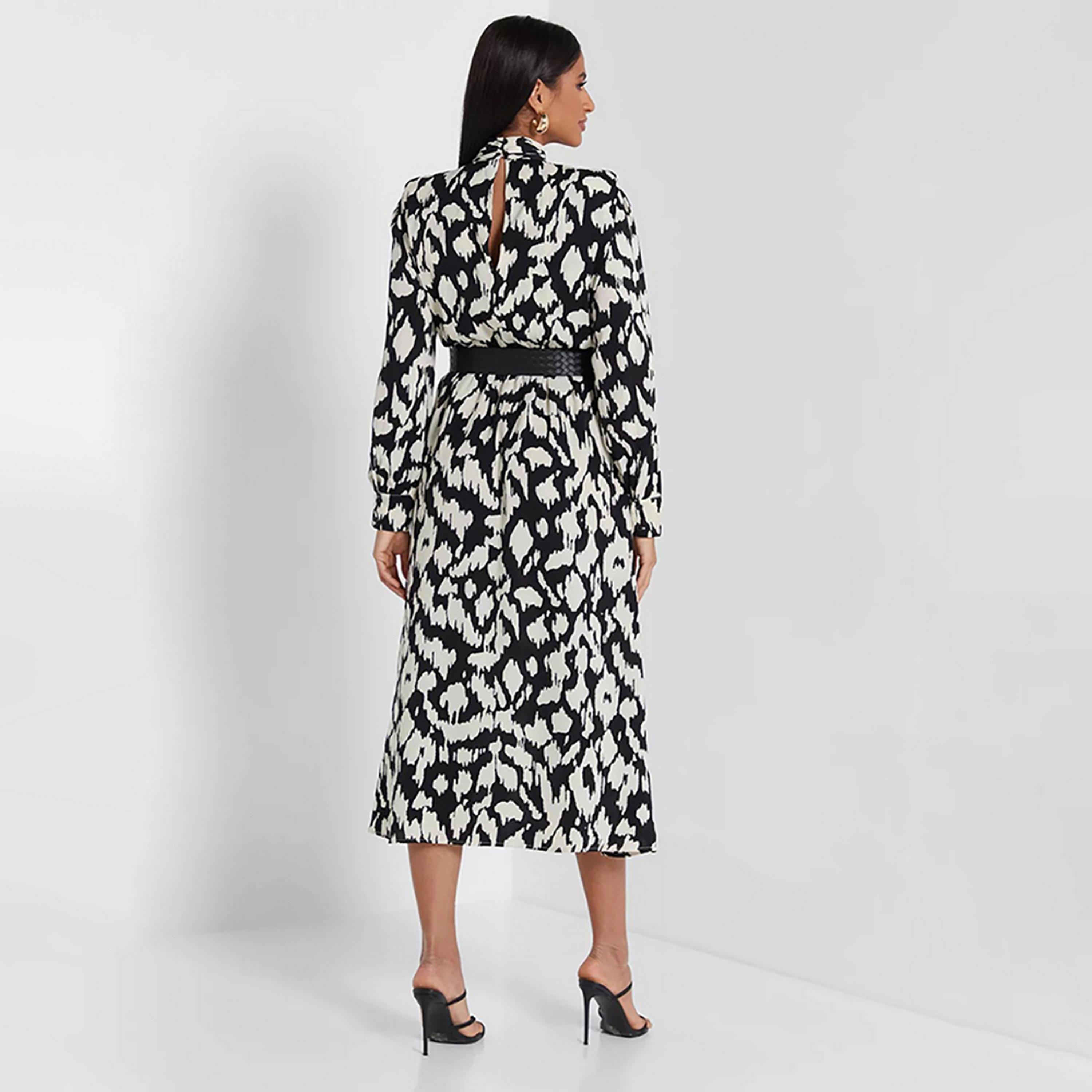 Little Mistress Multicolour Printed Bishop Sleeves Fit and Flared Midi Women's Dress-women-clothing-dresses-image-3